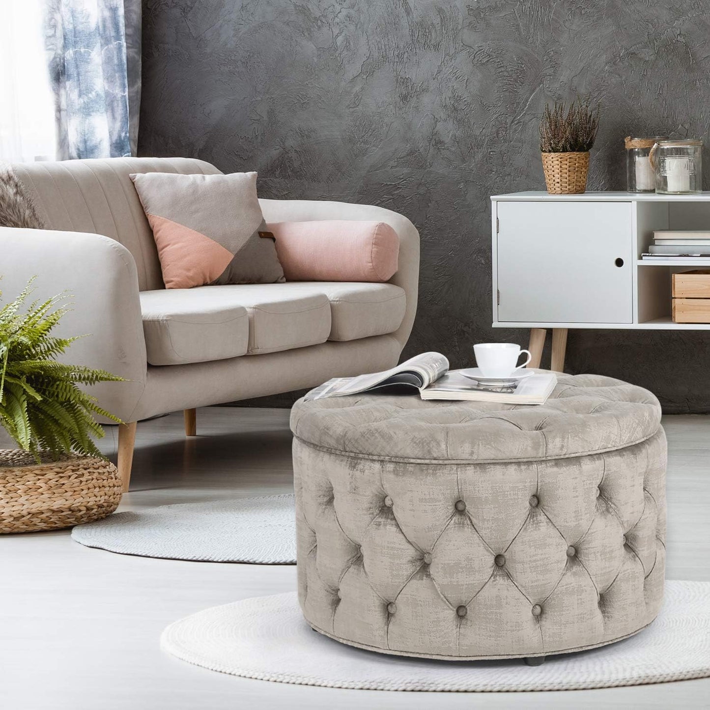28 Inch round Velvet Storage Ottoman, Button Tufted Footrest Stool Bench Coffee Table for Living Room (Light Grey)