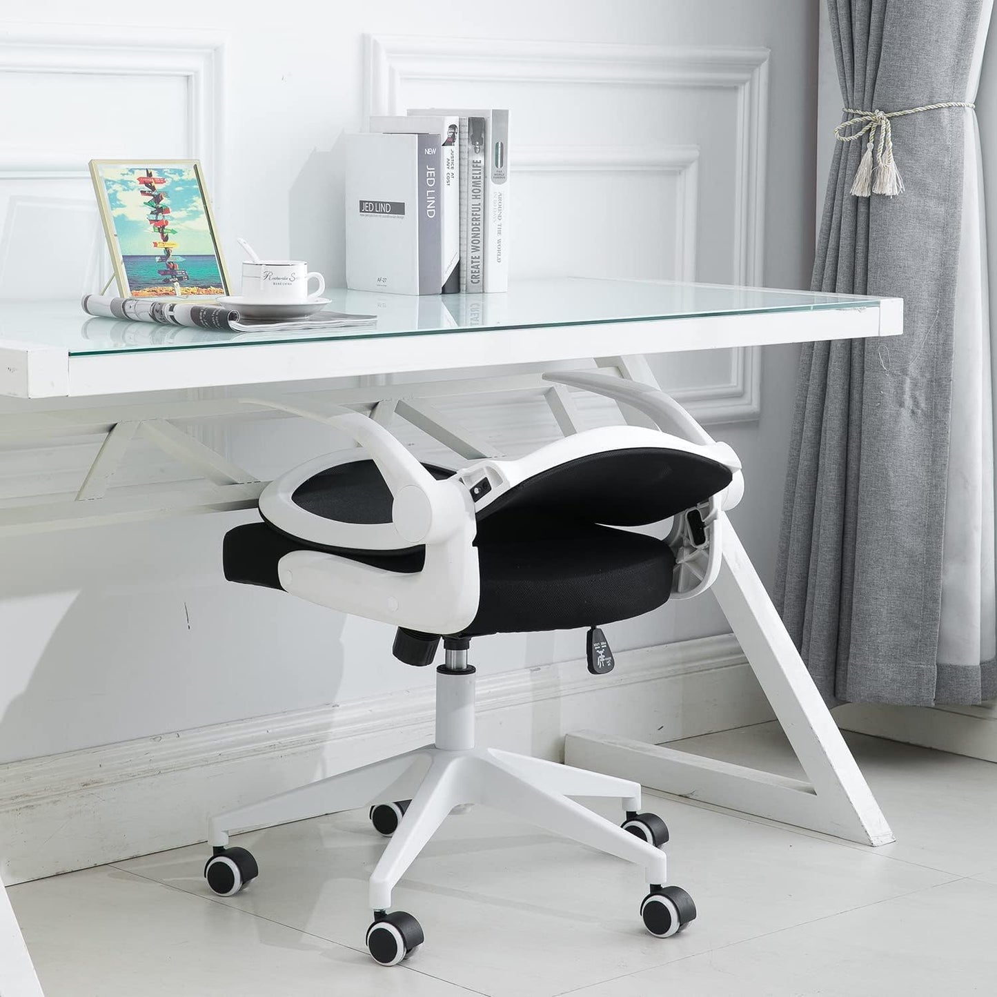 Foldable Office Chair - Home Office Desk Chairs with Wheels and Flip-Up Arms - Foldable Backrest Mesh Computer Chair Adjustable Swivel Rolling Home Executive (White)