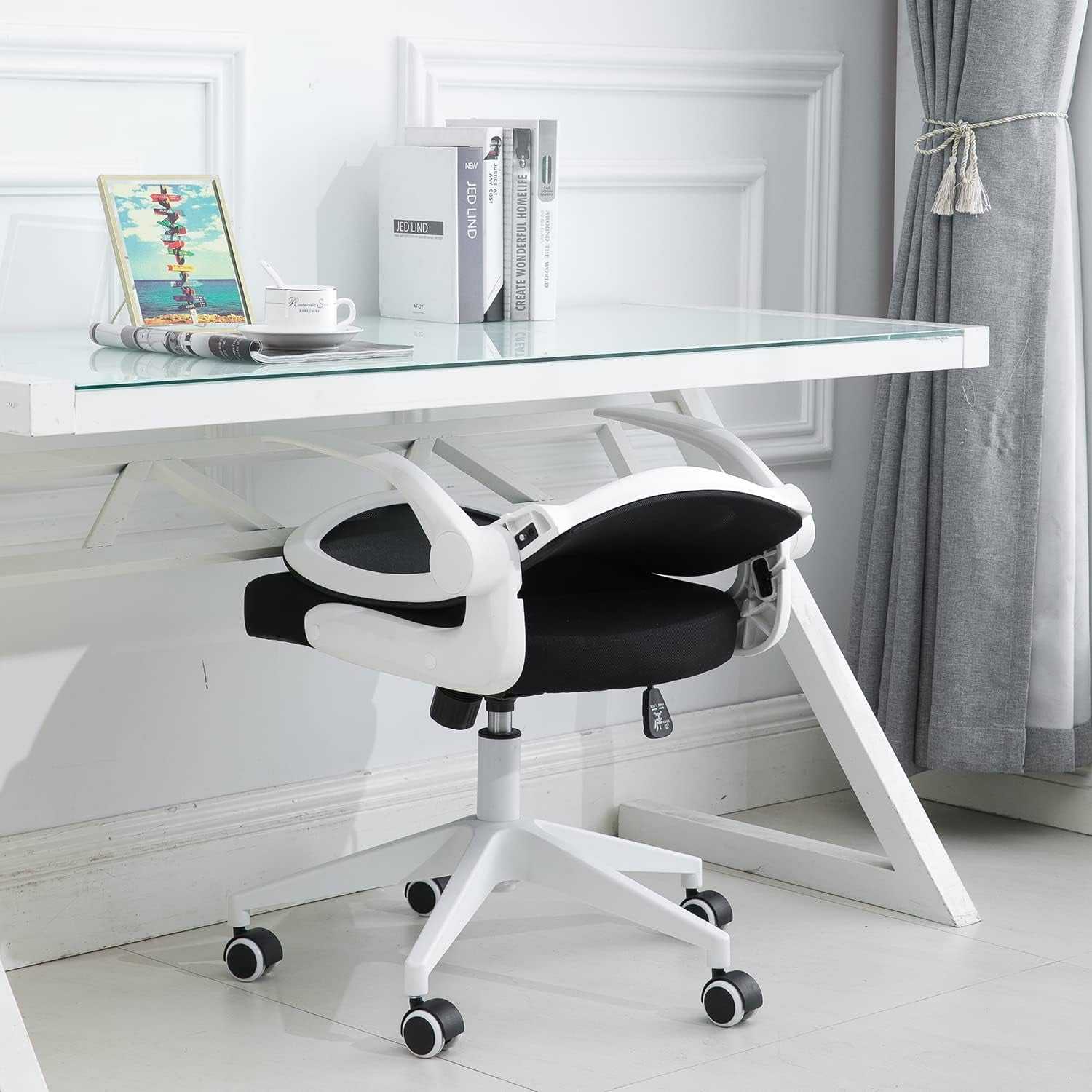 Foldable Office Chair - Home Office Desk Chairs with Wheels and Flip-Up Arms - Foldable Backrest Mesh Computer Chair Adjustable Swivel Rolling Home Executive (White)