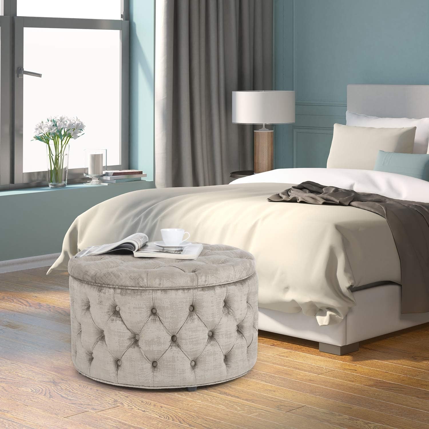 28 Inch round Velvet Storage Ottoman, Button Tufted Footrest Stool Bench Coffee Table for Living Room (Light Grey)