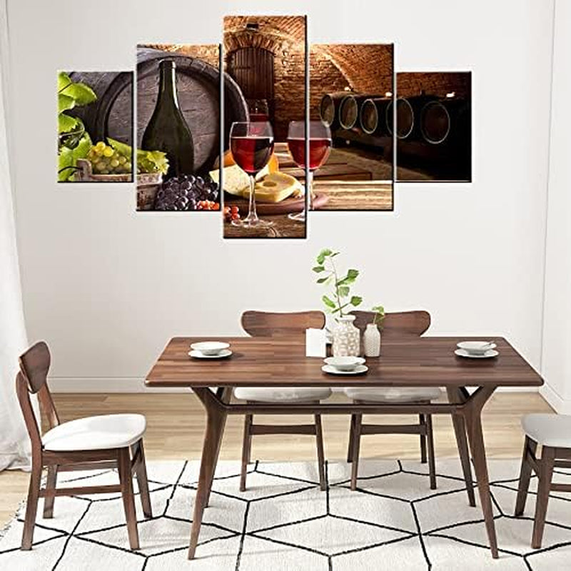 Wine Wall Art Decor for Kitchen Dining Room Grapes Fruit Canvas Wine Bottle Pictures 5 Piece Paintings Modern Artwork Decorations Cellar with Barrel and Glass Wooden Framed