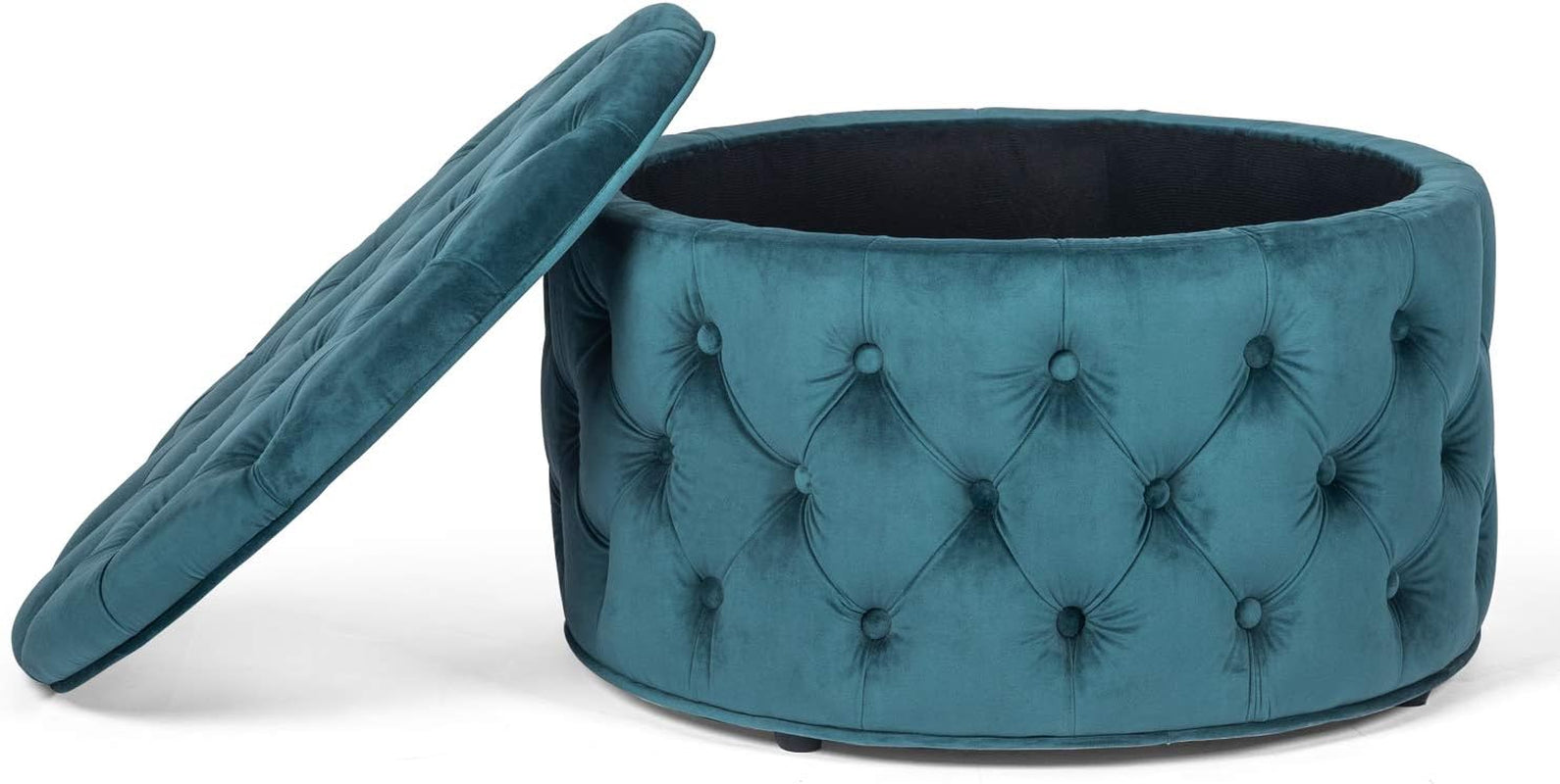 28 Inch Velvet round Storage Ottoman, Button Tufted Footrest Stool Bench Coffee Table for Living Room(Dark Teal)