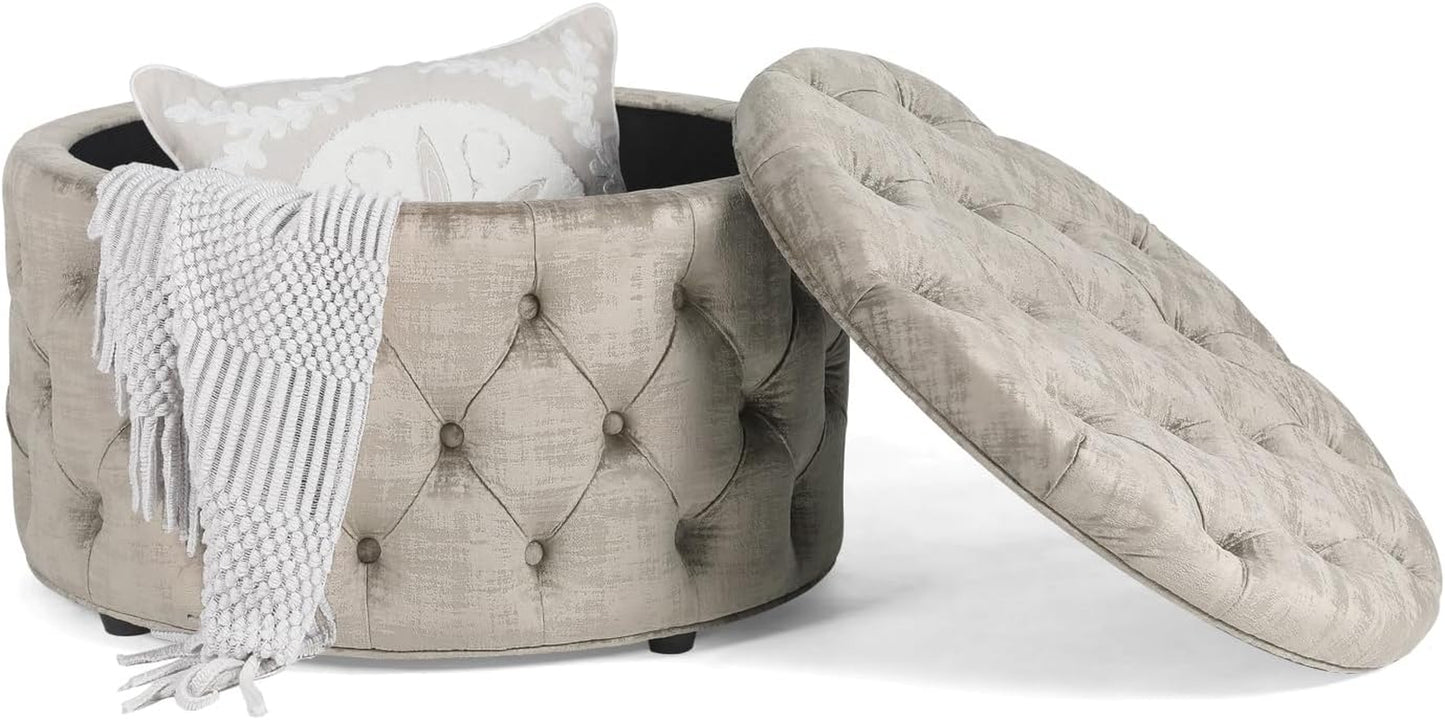 28 Inch round Velvet Storage Ottoman, Button Tufted Footrest Stool Bench Coffee Table for Living Room (Light Grey)