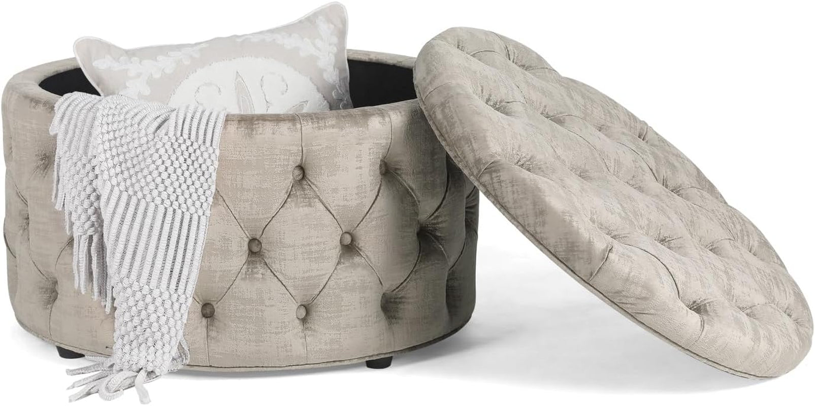 28 Inch round Velvet Storage Ottoman, Button Tufted Footrest Stool Bench Coffee Table for Living Room (Light Grey)