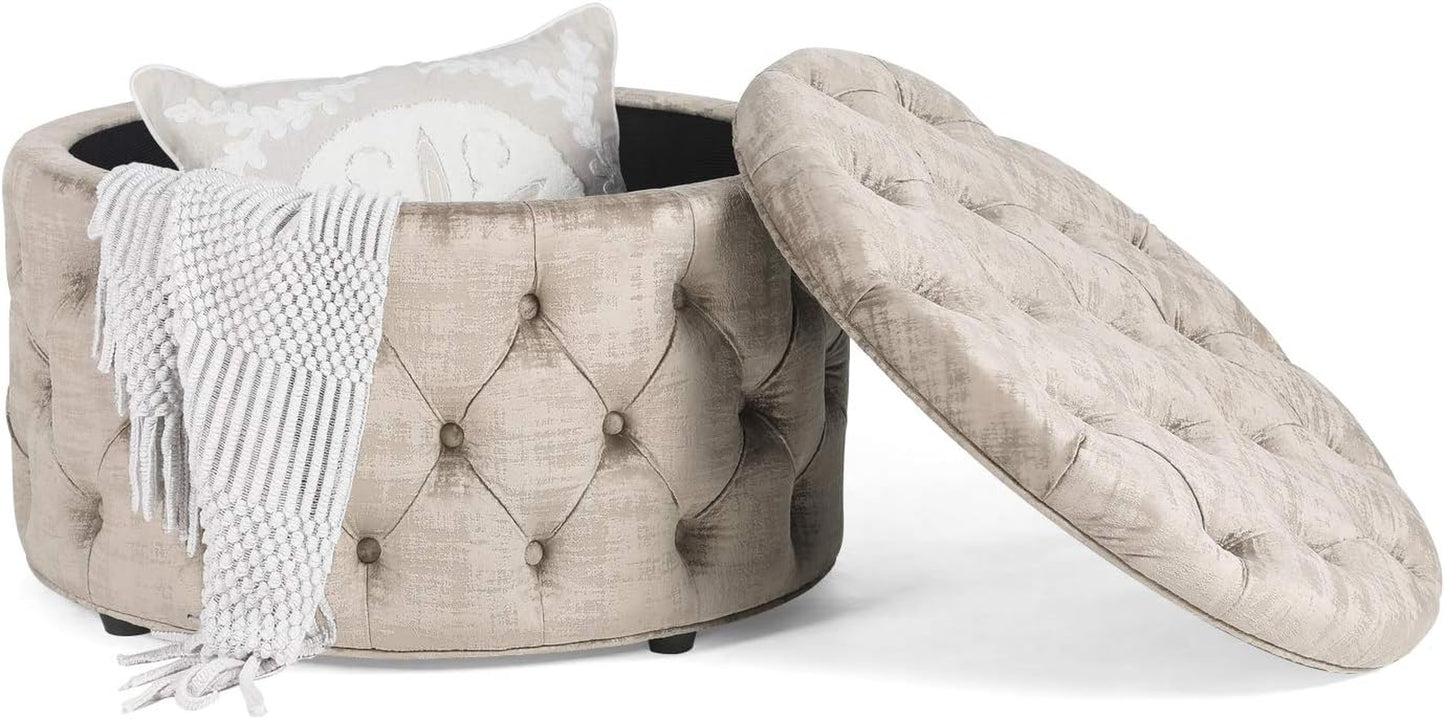 28 Inch round Velvet Storage Ottoman, Button Tufted Footrest Stool Bench Coffee Table for Living Room (Light Grey)