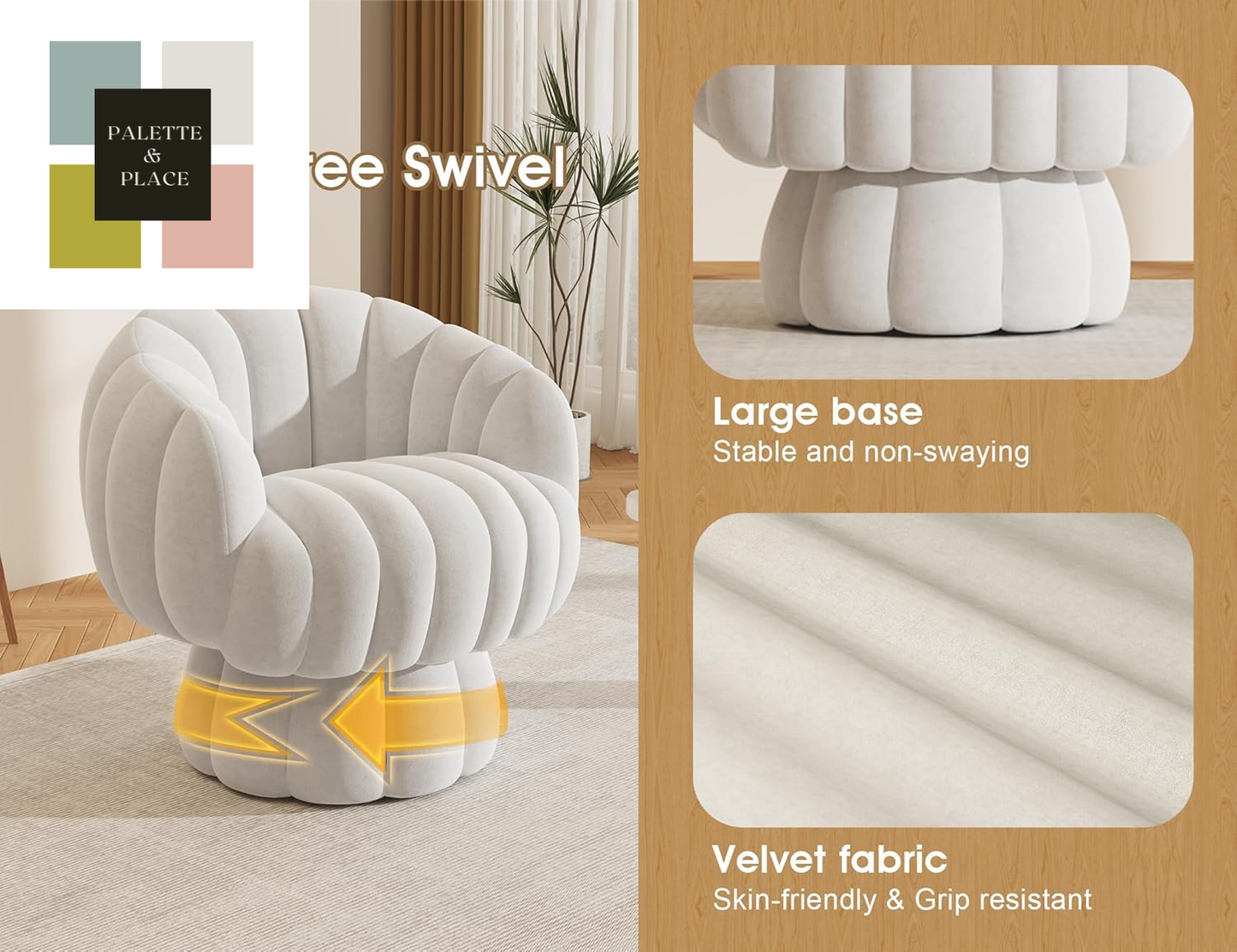 Mid Century Modern 360 Degree Barrel Swivel Accent Sofa Chair,Fluffy Velvet Fabric Lounge Wide Upholstered Pumpkin Reading Chair, round Cloud Armchair for Living Room,Bedroom,Vanity(Beige)