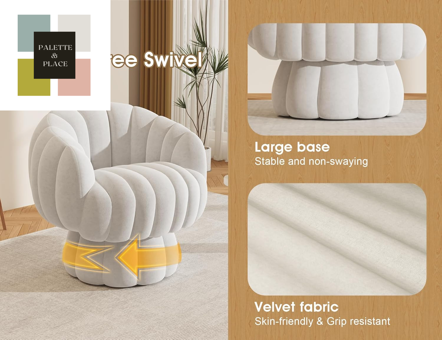 Mid Century Modern 360 Degree Barrel Swivel Accent Sofa Chair,Fluffy Velvet Fabric Lounge Wide Upholstered Pumpkin Reading Chair, round Cloud Armchair for Living Room,Bedroom,Vanity(Beige)