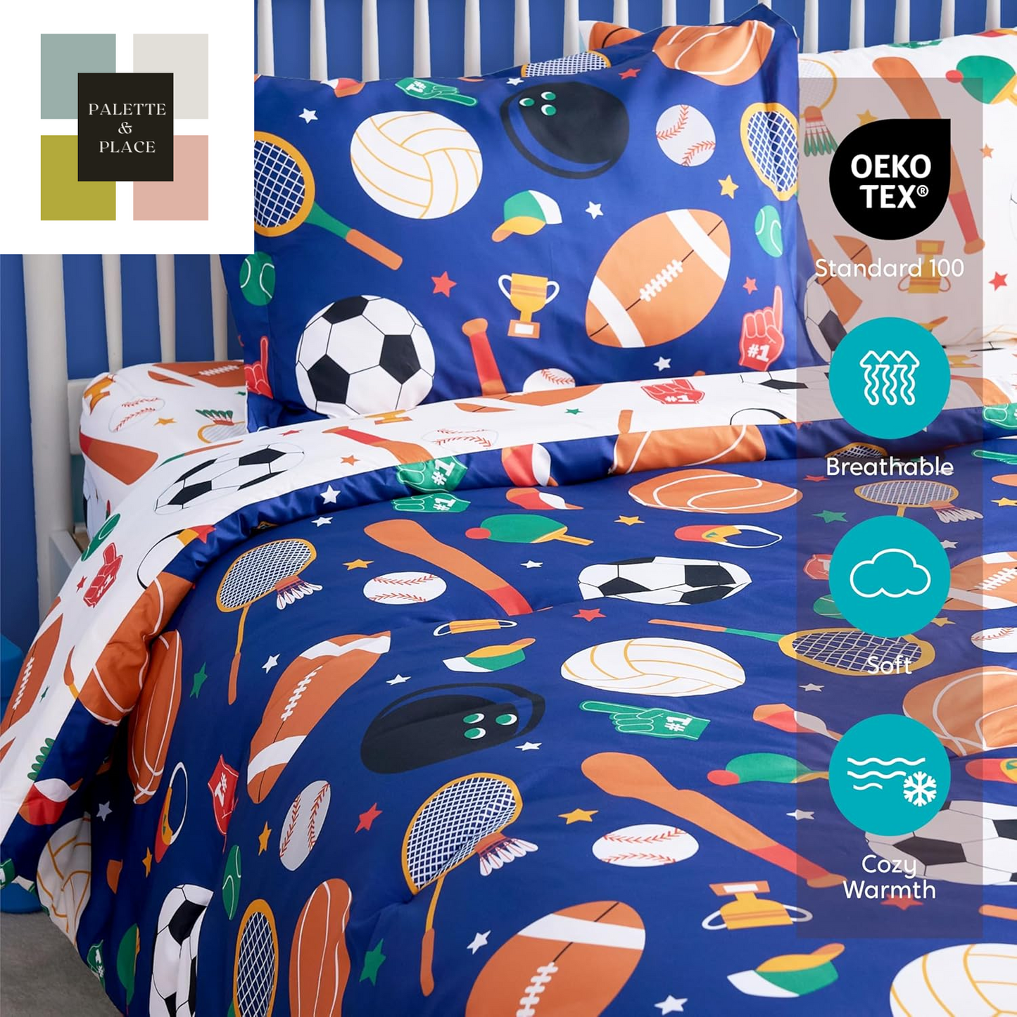 Joiedomi Kid Twin Comforter Set 5 Piece Ball Sports Bedding Set for Boys Girls Super Soft Microfiber Bed in a Bag with Comforter Sheets Pillowcase Sham