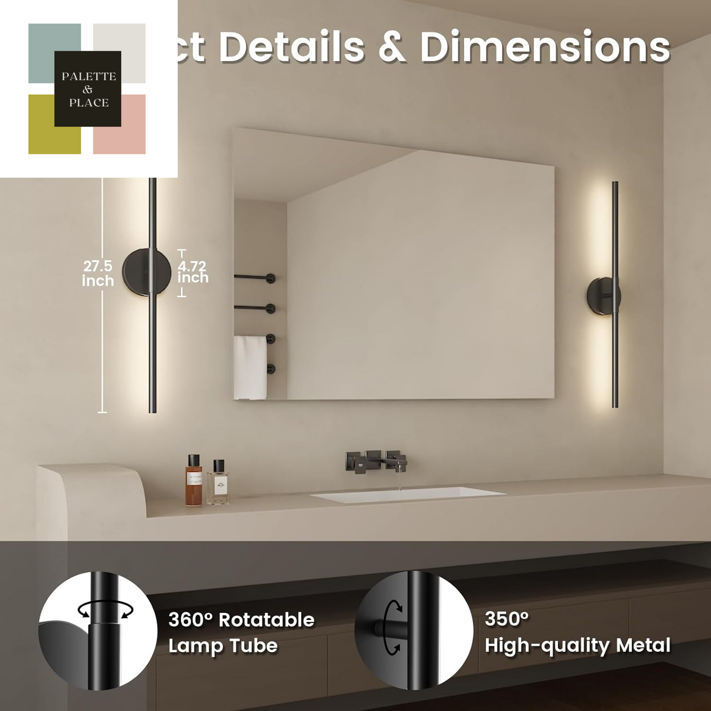 Battery Operated Wall Sconces Set of 2, 360°Rotation Wireless Rechargeable Wall Lights: Dimmable Detachable Wall Lamp with Remote Control, 3000K-6000K Infinite Dimming Wall Sconce 27.6 Inch