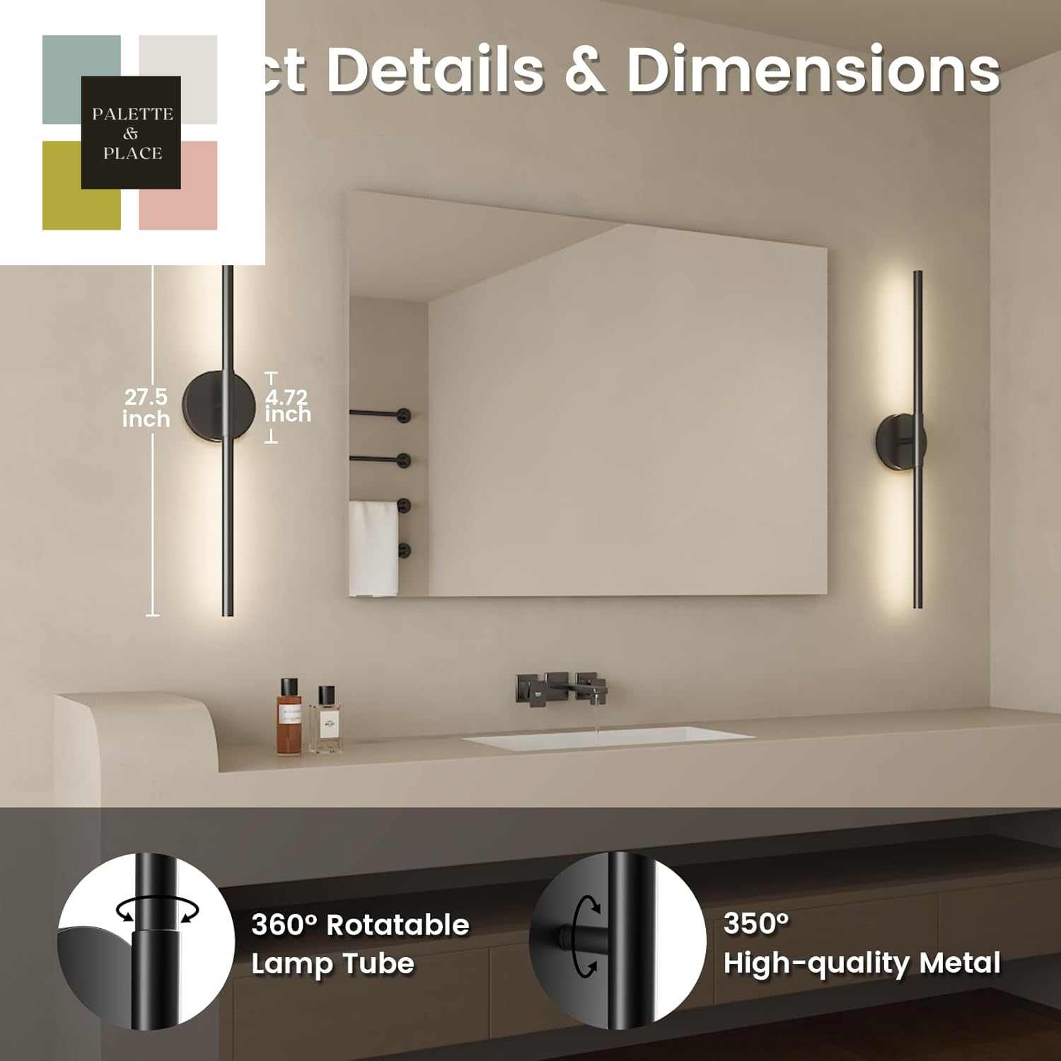 Battery Operated Wall Sconces Set of 2, 360°Rotation Wireless Rechargeable Wall Lights: Dimmable Detachable Wall Lamp with Remote Control, 3000K-6000K Infinite Dimming Wall Sconce 27.6 Inch