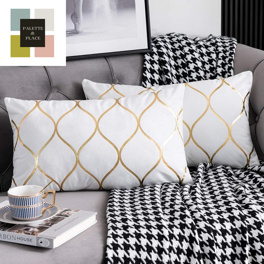DEZENE Gold Velvet Throw Pillow Covers off White: 2 Pack 12X20 Inch Rectangular Decorative Pillow Cases for Bedroom Sofa Couch Living Room