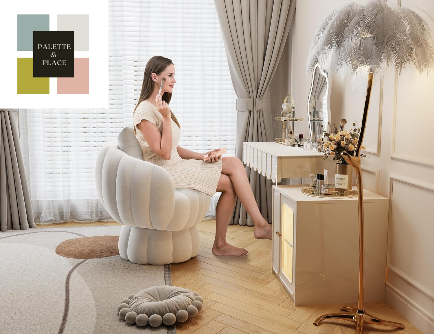 Mid Century Modern 360 Degree Barrel Swivel Accent Sofa Chair,Fluffy Velvet Fabric Lounge Wide Upholstered Pumpkin Reading Chair, round Cloud Armchair for Living Room,Bedroom,Vanity(Beige)