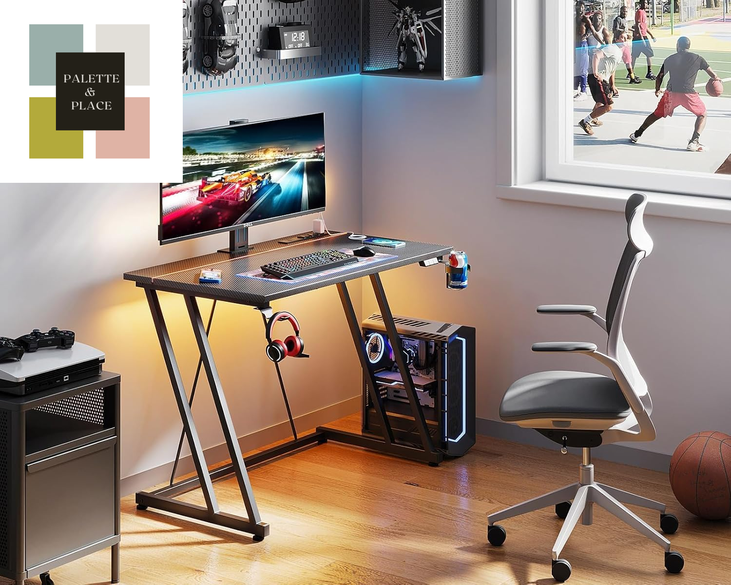 MOTPK 32 Inch Small Gaming Desk with LED Lights & Power Outlet, Computer Desk for Small Space, Gaming Table with Carbon Fiber Texture, Kids Desk Gift for Boys Men, Black