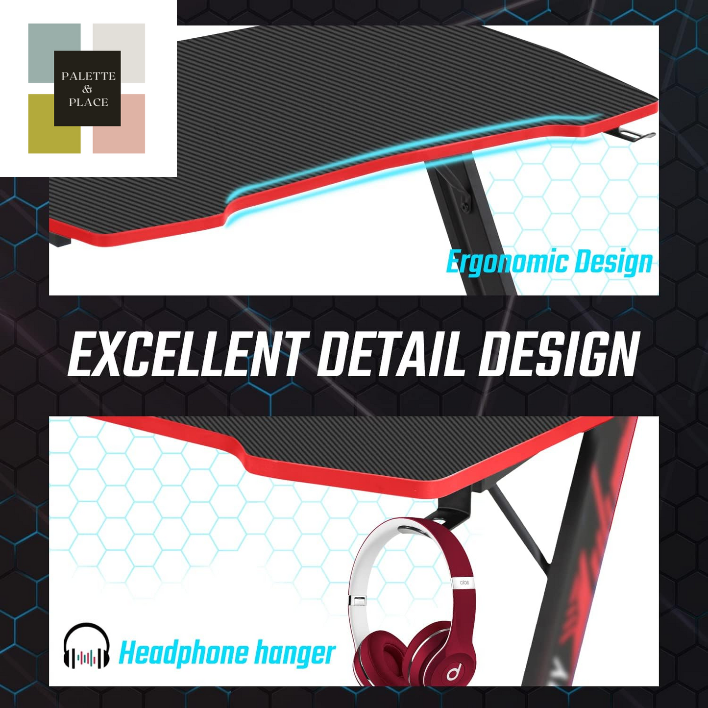 Bestoffice 39" Gmaing Desk Computer Gaming Desk Z Shaped Gaming Workstation Ergonomic Gaming Table with Headphone Hook for Game Players (Red)
