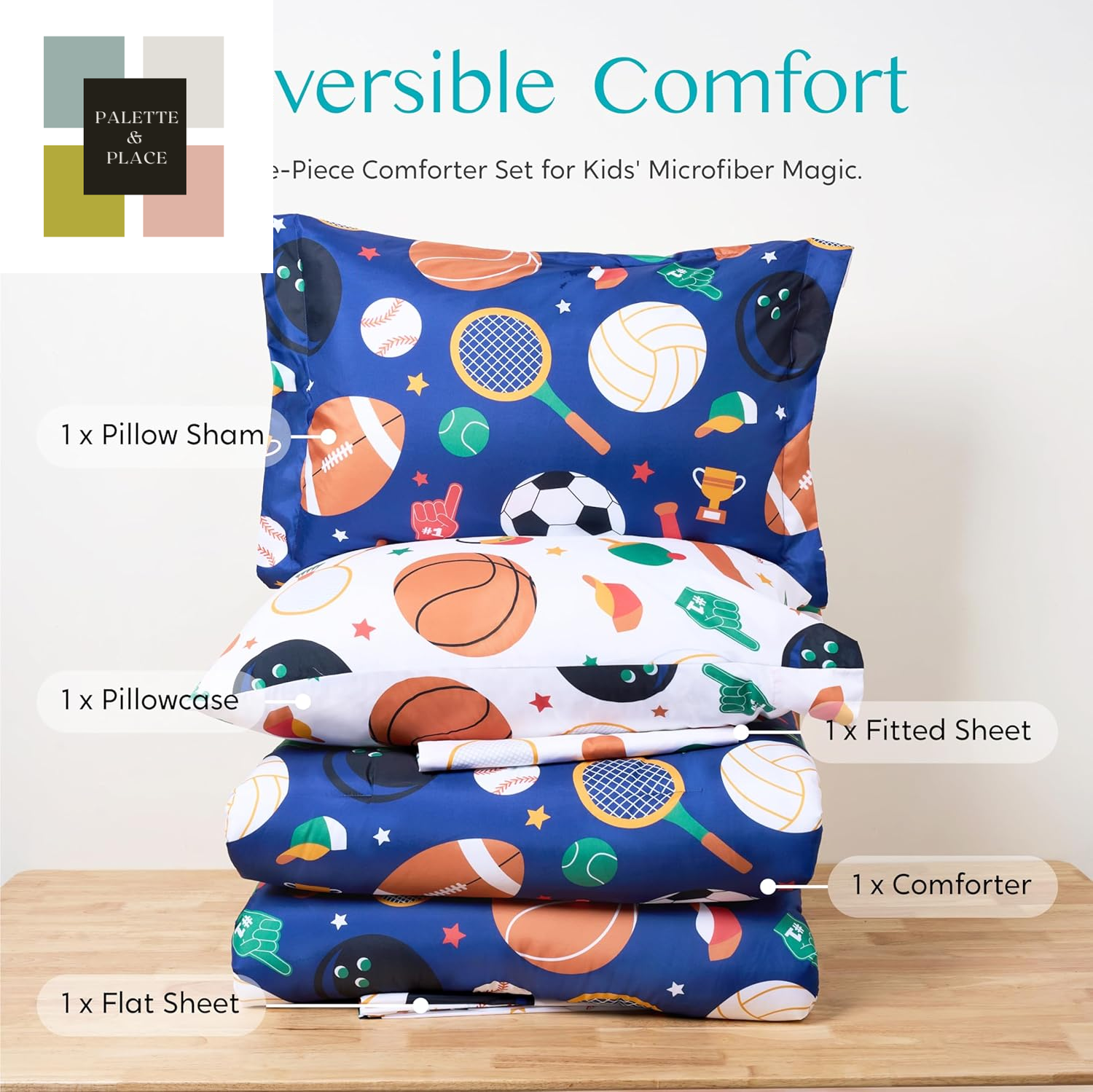 Joiedomi Kid Twin Comforter Set 5 Piece Ball Sports Bedding Set for Boys Girls Super Soft Microfiber Bed in a Bag with Comforter Sheets Pillowcase Sham