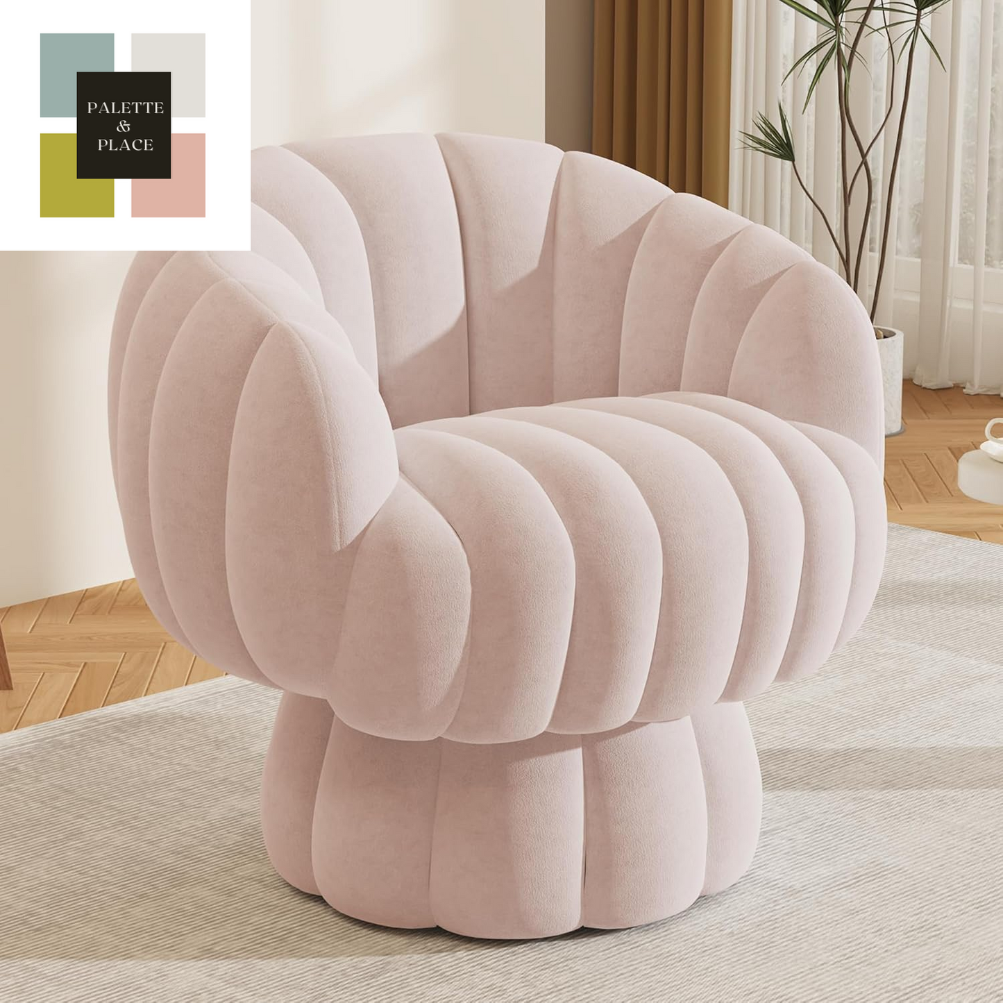 Mid Century Modern 360 Degree Barrel Swivel Accent Sofa Chair,Fluffy Velvet Fabric Lounge Wide Upholstered Pumpkin Reading Chair, round Cloud Armchair for Living Room,Bedroom,Vanity(Beige)