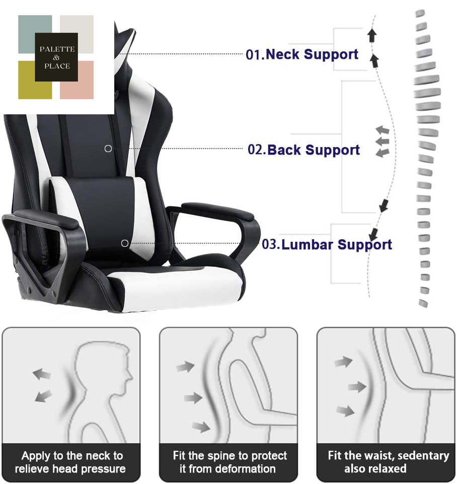 Bestoffice High-Back Gaming Chair PC Office Chair Computer Racing Chair PU Desk Task Chair Ergonomic Executive Swivel Rolling Chair with Lumbar Support for Back Pain Women, Men,White
