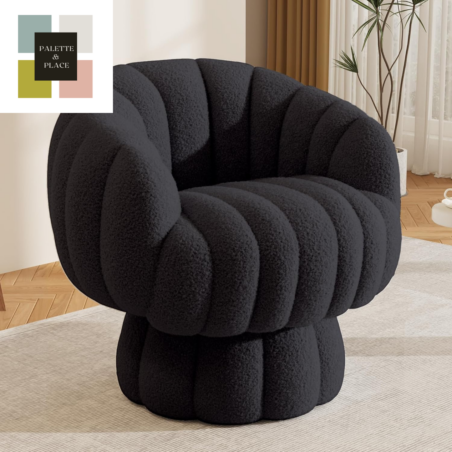 Mid Century Modern 360 Degree Barrel Swivel Accent Sofa Chair,Fluffy Velvet Fabric Lounge Wide Upholstered Pumpkin Reading Chair, round Cloud Armchair for Living Room,Bedroom,Vanity(Beige)