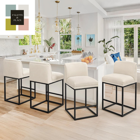 LUE BONA 26" Bar Stools Set of 4, Champagne Chenille Barstools with 5.5" H Thickened Cushion, Modern Counter Height Bar Stools for Kitchen Island