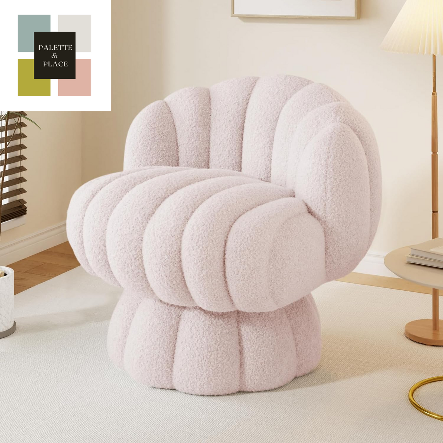 Mid Century Modern 360 Degree Barrel Swivel Accent Sofa Chair,Fluffy Velvet Fabric Lounge Wide Upholstered Pumpkin Reading Chair, round Cloud Armchair for Living Room,Bedroom,Vanity(Beige)