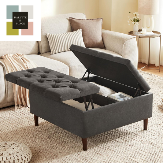 35 Inch Extra Large Storage Ottoman Coffee Table, No Assembly Required, Oversized Square Ottoman with Storage, Tufted Upholstered Ottomans Coffee Table for Living Room (Fabric, Dark Grey)