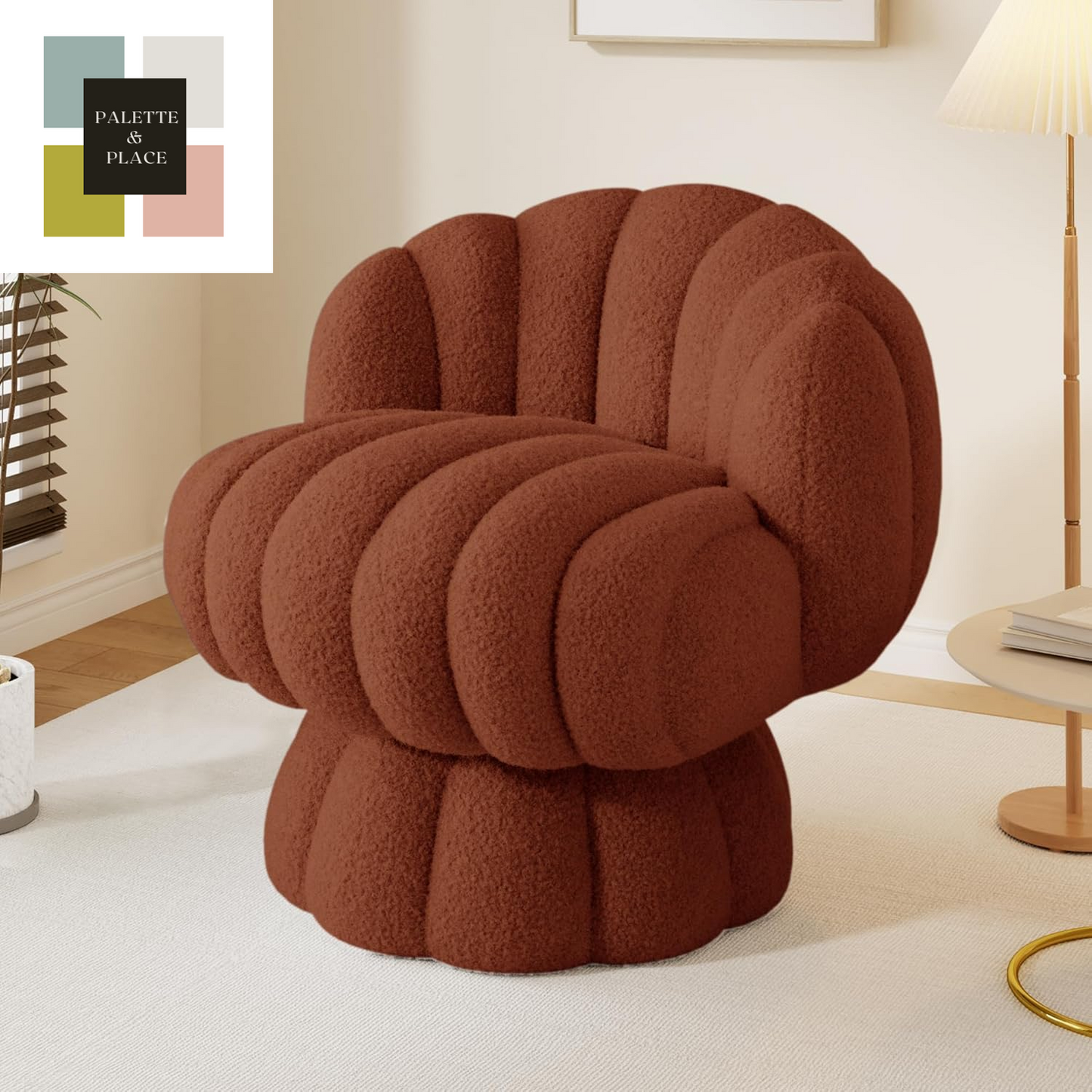 Mid Century Modern 360 Degree Barrel Swivel Accent Sofa Chair,Fluffy Velvet Fabric Lounge Wide Upholstered Pumpkin Reading Chair, round Cloud Armchair for Living Room,Bedroom,Vanity(Beige)