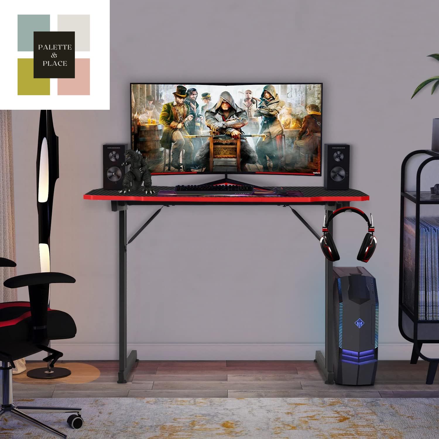 Bestoffice 39" Gmaing Desk Computer Gaming Desk Z Shaped Gaming Workstation Ergonomic Gaming Table with Headphone Hook for Game Players (Red)
