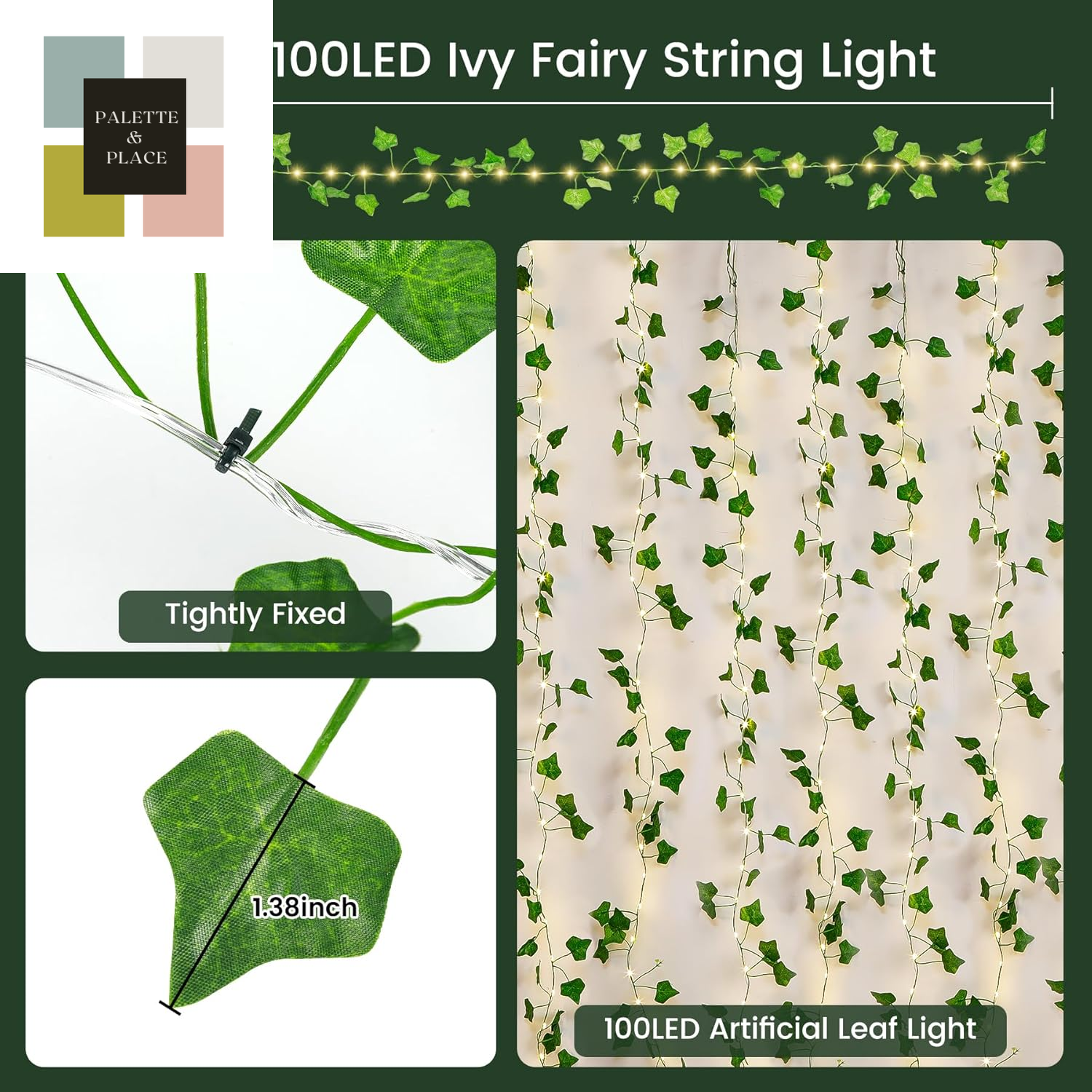 PUHONG (New) Vines with String Lights, 33Ft 100 LED Leaf String Lights, LED Artificial Vines with Fairy Light, 2 Modes Fake Vines Ivy Lights for Bedroom, Wall, Room, Garden, Party Decoration