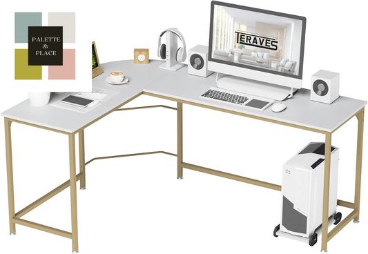 Teraves Reversible L Shaped Desk White - 57.9" Corner Gaming Computer Desk, Office Workstation Modern Home Study Writing Wooden Table