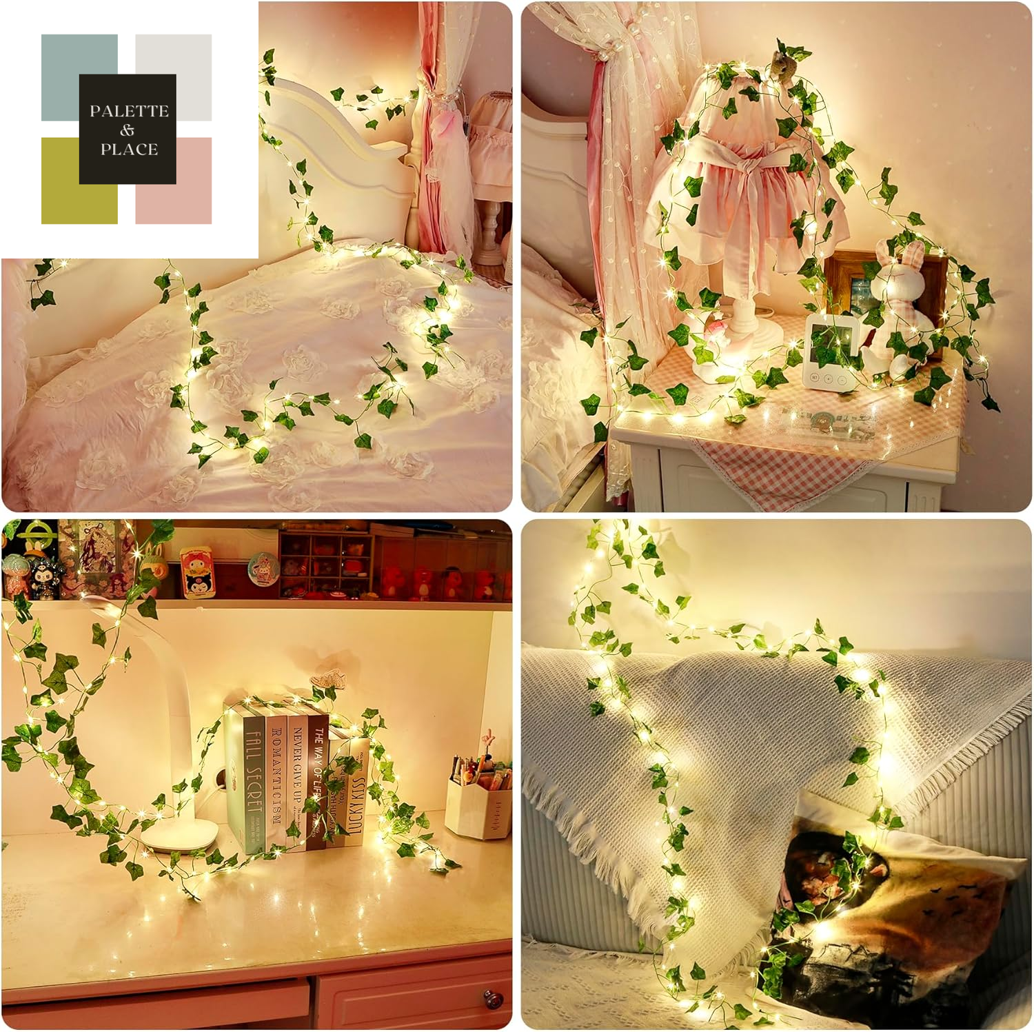 PUHONG (New) Vines with String Lights, 33Ft 100 LED Leaf String Lights, LED Artificial Vines with Fairy Light, 2 Modes Fake Vines Ivy Lights for Bedroom, Wall, Room, Garden, Party Decoration