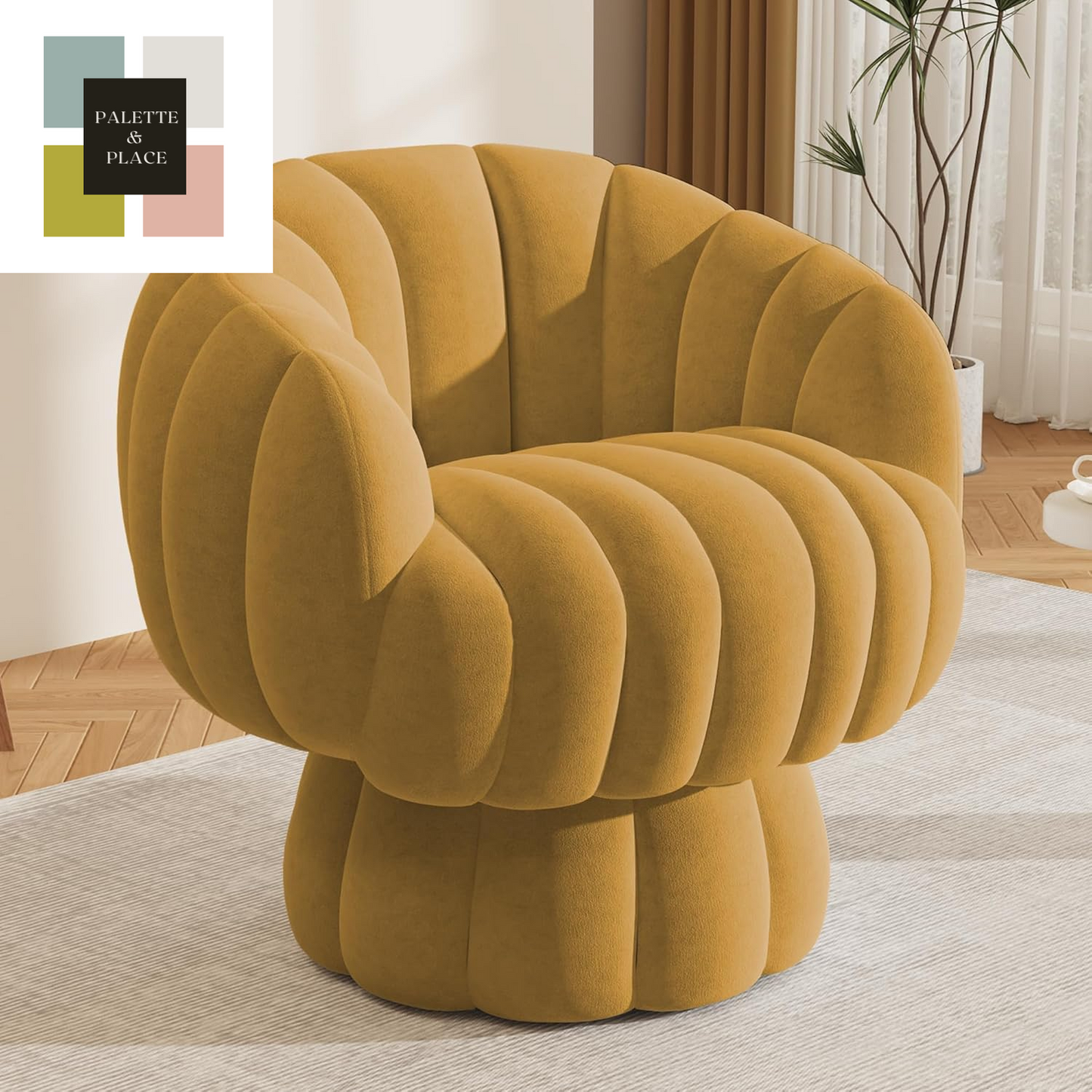 Mid Century Modern 360 Degree Barrel Swivel Accent Sofa Chair,Fluffy Velvet Fabric Lounge Wide Upholstered Pumpkin Reading Chair, round Cloud Armchair for Living Room,Bedroom,Vanity(Beige)