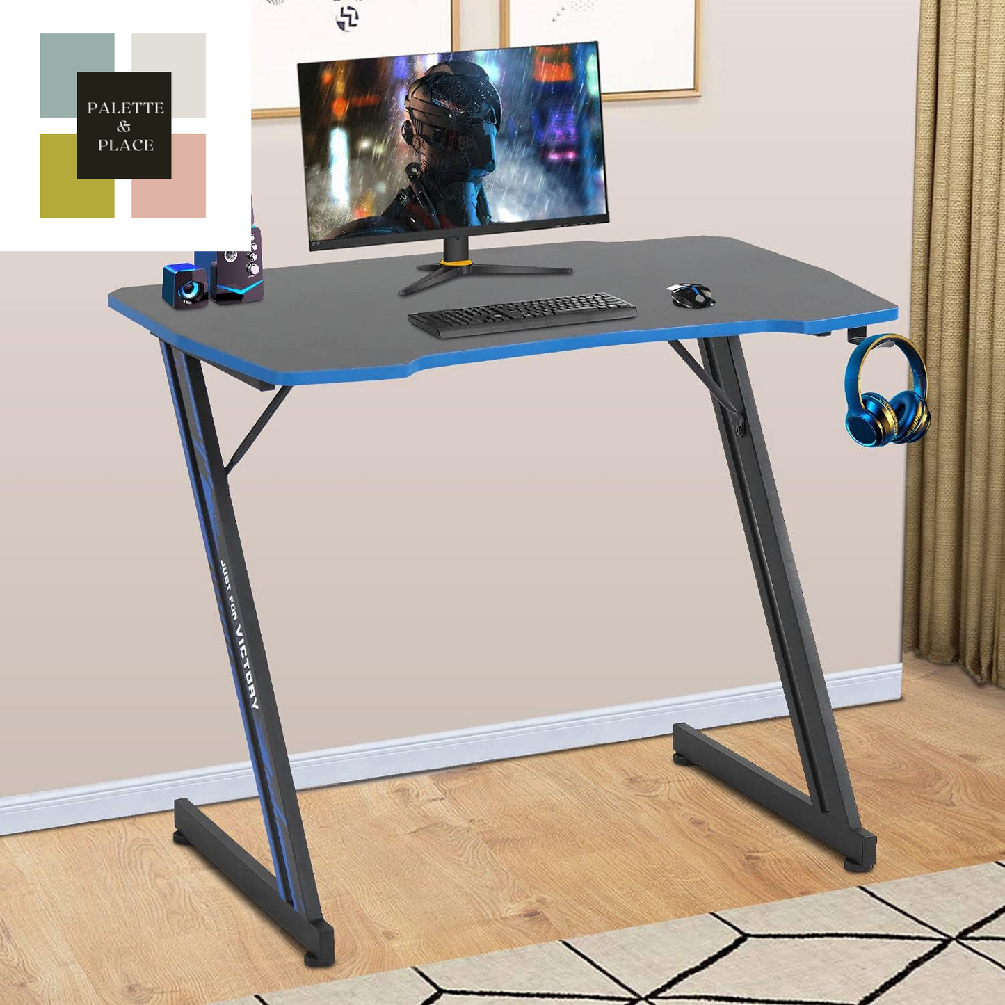 Bestoffice 39" Gmaing Desk Computer Gaming Desk Z Shaped Gaming Workstation Ergonomic Gaming Table with Headphone Hook for Game Players (Red)
