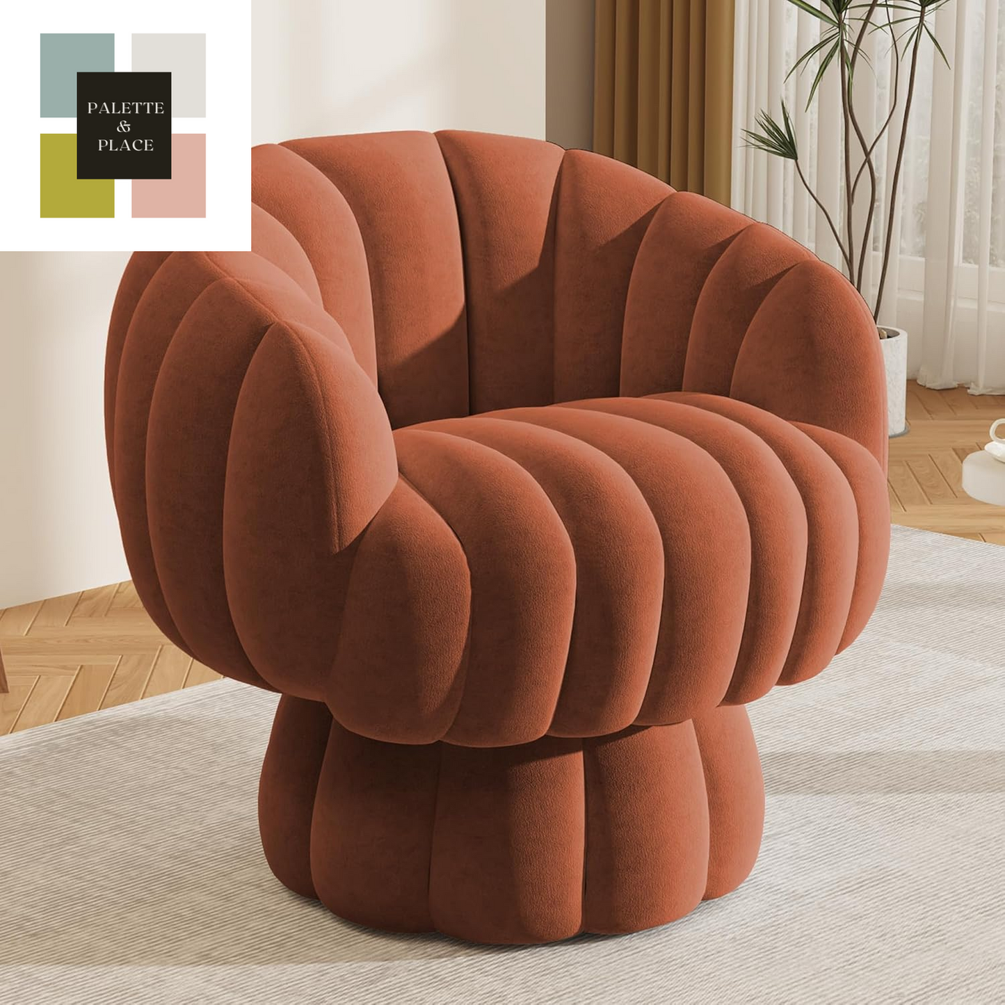 Mid Century Modern 360 Degree Barrel Swivel Accent Sofa Chair,Fluffy Velvet Fabric Lounge Wide Upholstered Pumpkin Reading Chair, round Cloud Armchair for Living Room,Bedroom,Vanity(Beige)