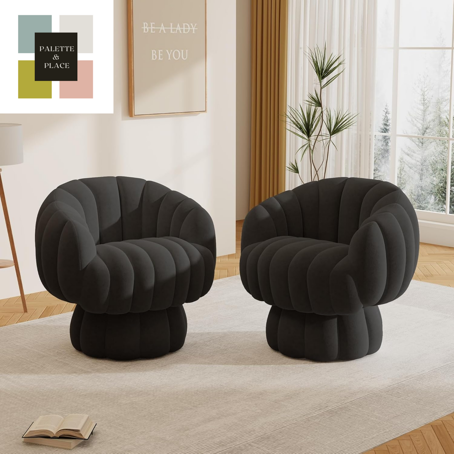 Mid Century Modern 360 Degree Barrel Swivel Accent Sofa Chair,Fluffy Velvet Fabric Lounge Wide Upholstered Pumpkin Reading Chair, round Cloud Armchair for Living Room,Bedroom,Vanity(Beige)