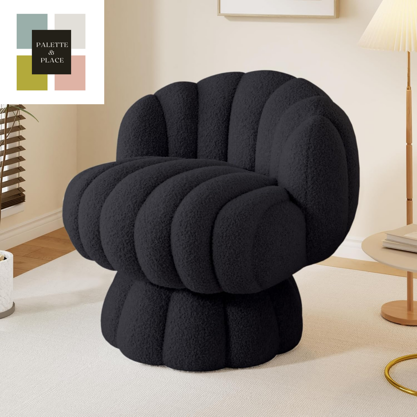 Mid Century Modern 360 Degree Barrel Swivel Accent Sofa Chair,Fluffy Velvet Fabric Lounge Wide Upholstered Pumpkin Reading Chair, round Cloud Armchair for Living Room,Bedroom,Vanity(Beige)