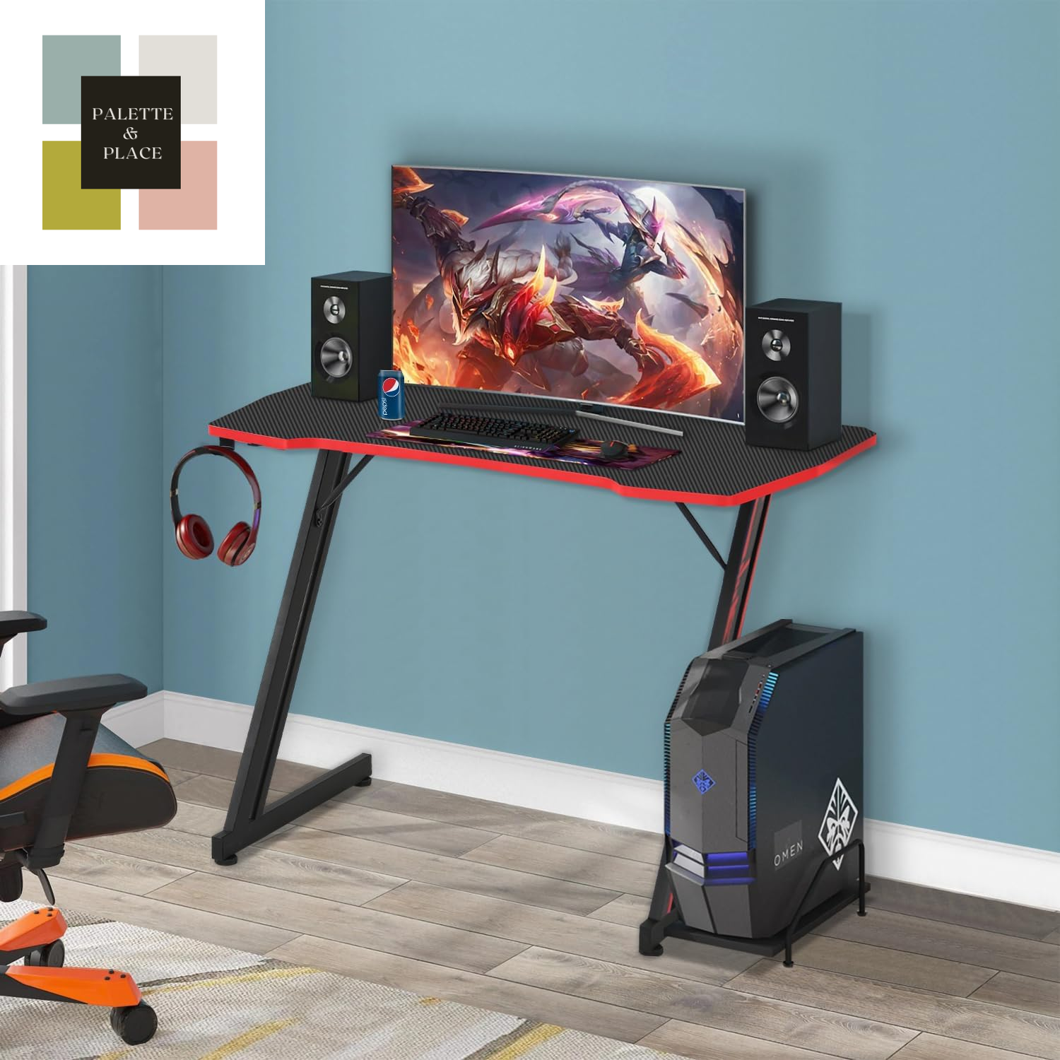 Bestoffice 39" Gmaing Desk Computer Gaming Desk Z Shaped Gaming Workstation Ergonomic Gaming Table with Headphone Hook for Game Players (Red)