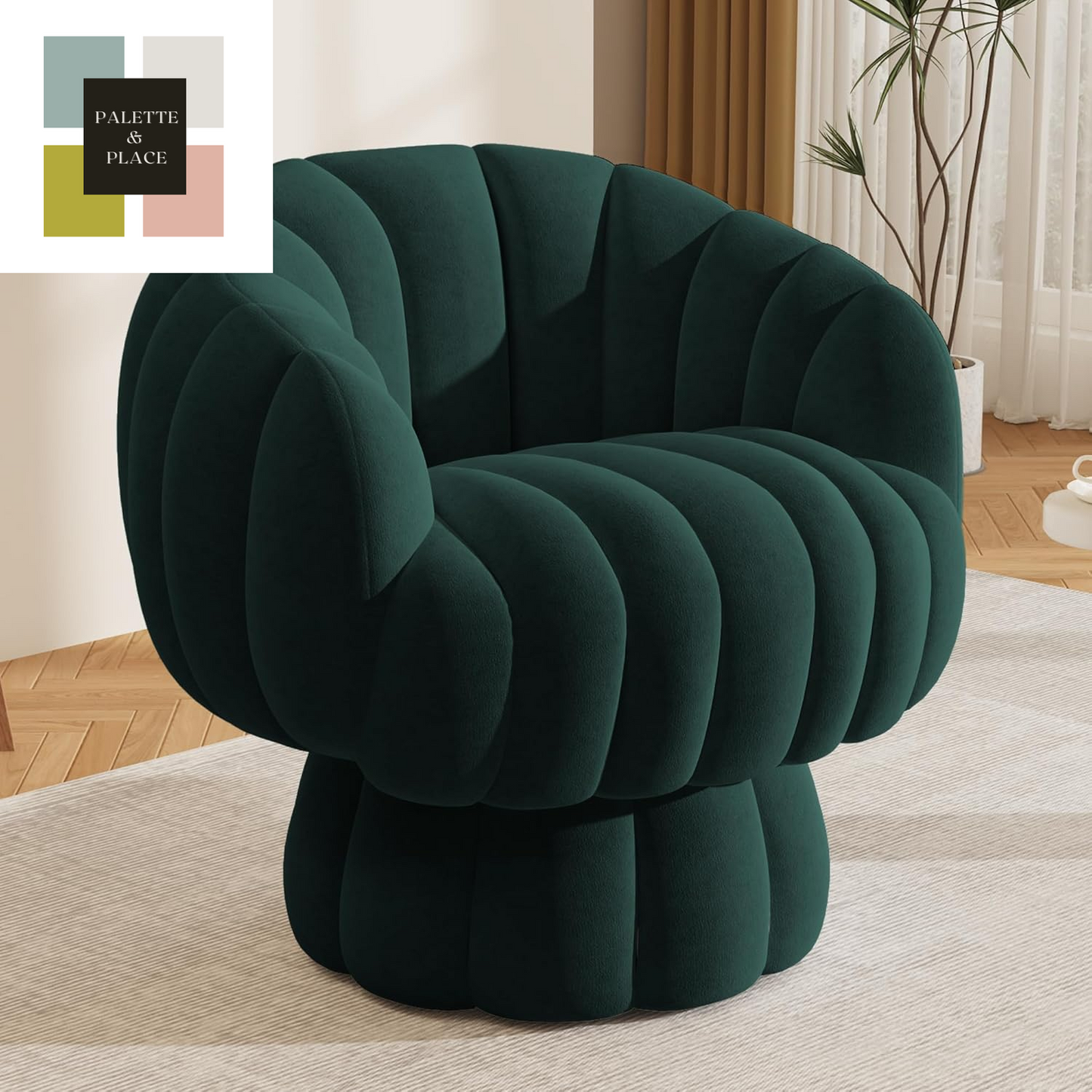 Mid Century Modern 360 Degree Barrel Swivel Accent Sofa Chair,Fluffy Velvet Fabric Lounge Wide Upholstered Pumpkin Reading Chair, round Cloud Armchair for Living Room,Bedroom,Vanity(Beige)