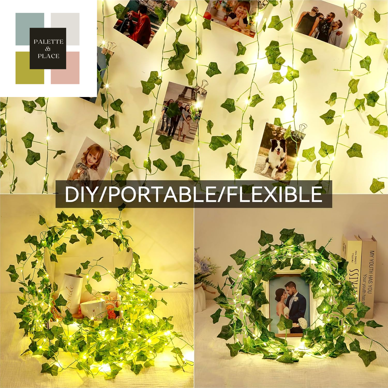 PUHONG (New) Vines with String Lights, 33Ft 100 LED Leaf String Lights, LED Artificial Vines with Fairy Light, 2 Modes Fake Vines Ivy Lights for Bedroom, Wall, Room, Garden, Party Decoration