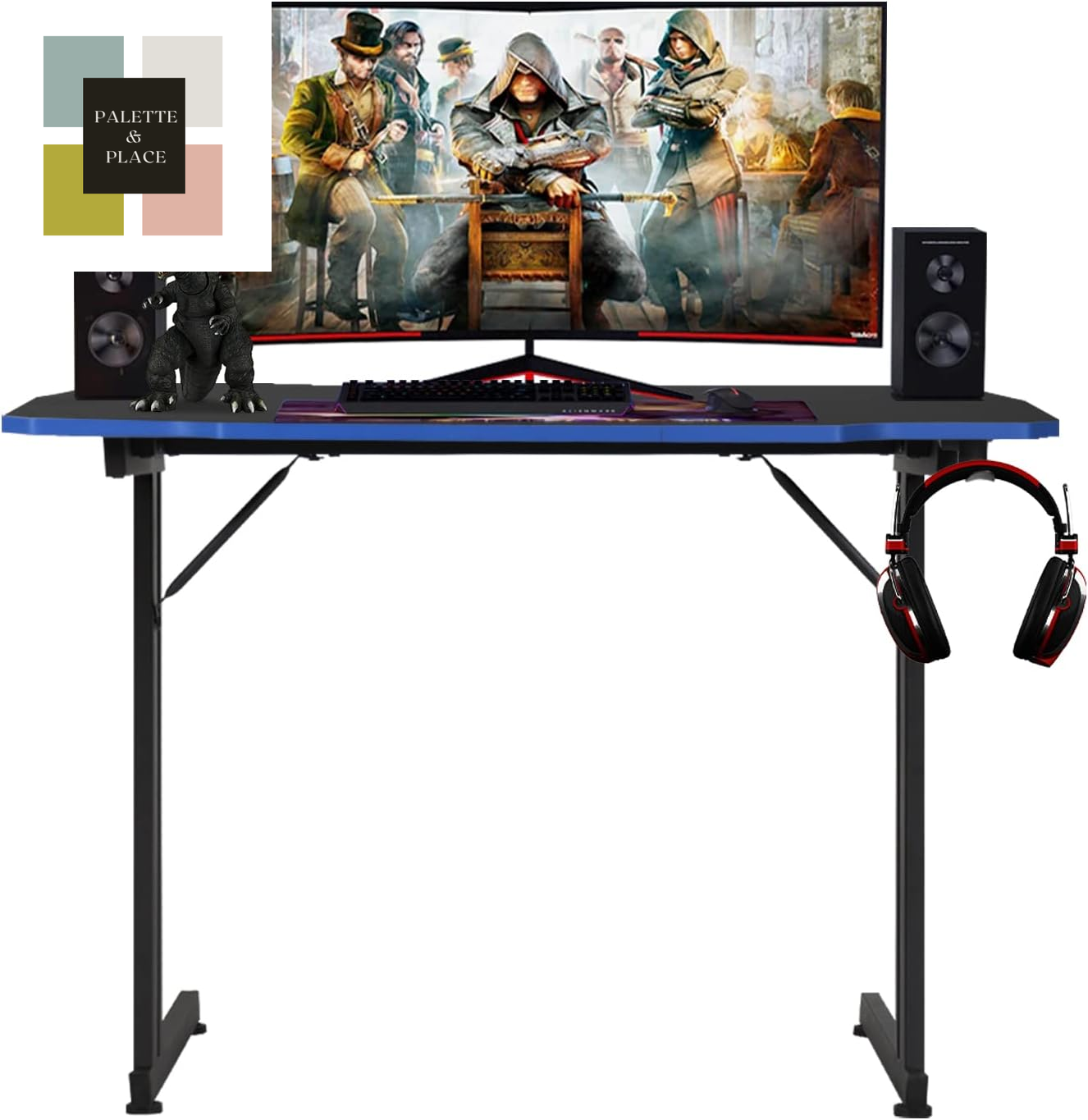 Bestoffice 39" Gmaing Desk Computer Gaming Desk Z Shaped Gaming Workstation Ergonomic Gaming Table with Headphone Hook for Game Players (Red)
