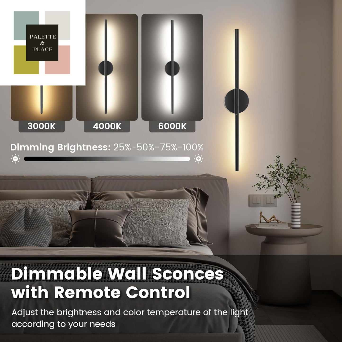 Battery Operated Wall Sconces Set of 2, 360°Rotation Wireless Rechargeable Wall Lights: Dimmable Detachable Wall Lamp with Remote Control, 3000K-6000K Infinite Dimming Wall Sconce 27.6 Inch
