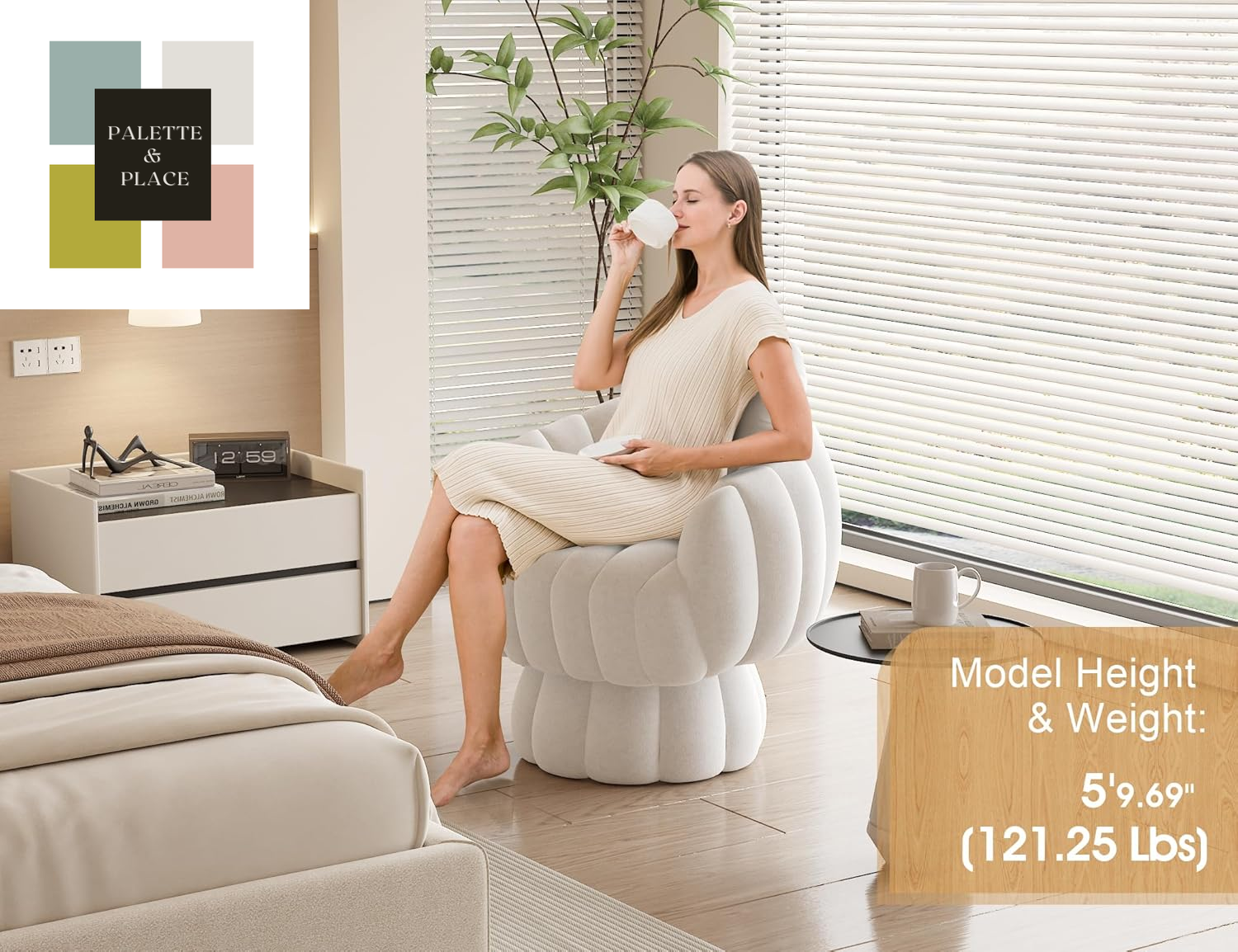 Mid Century Modern 360 Degree Barrel Swivel Accent Sofa Chair,Fluffy Velvet Fabric Lounge Wide Upholstered Pumpkin Reading Chair, round Cloud Armchair for Living Room,Bedroom,Vanity(Beige)