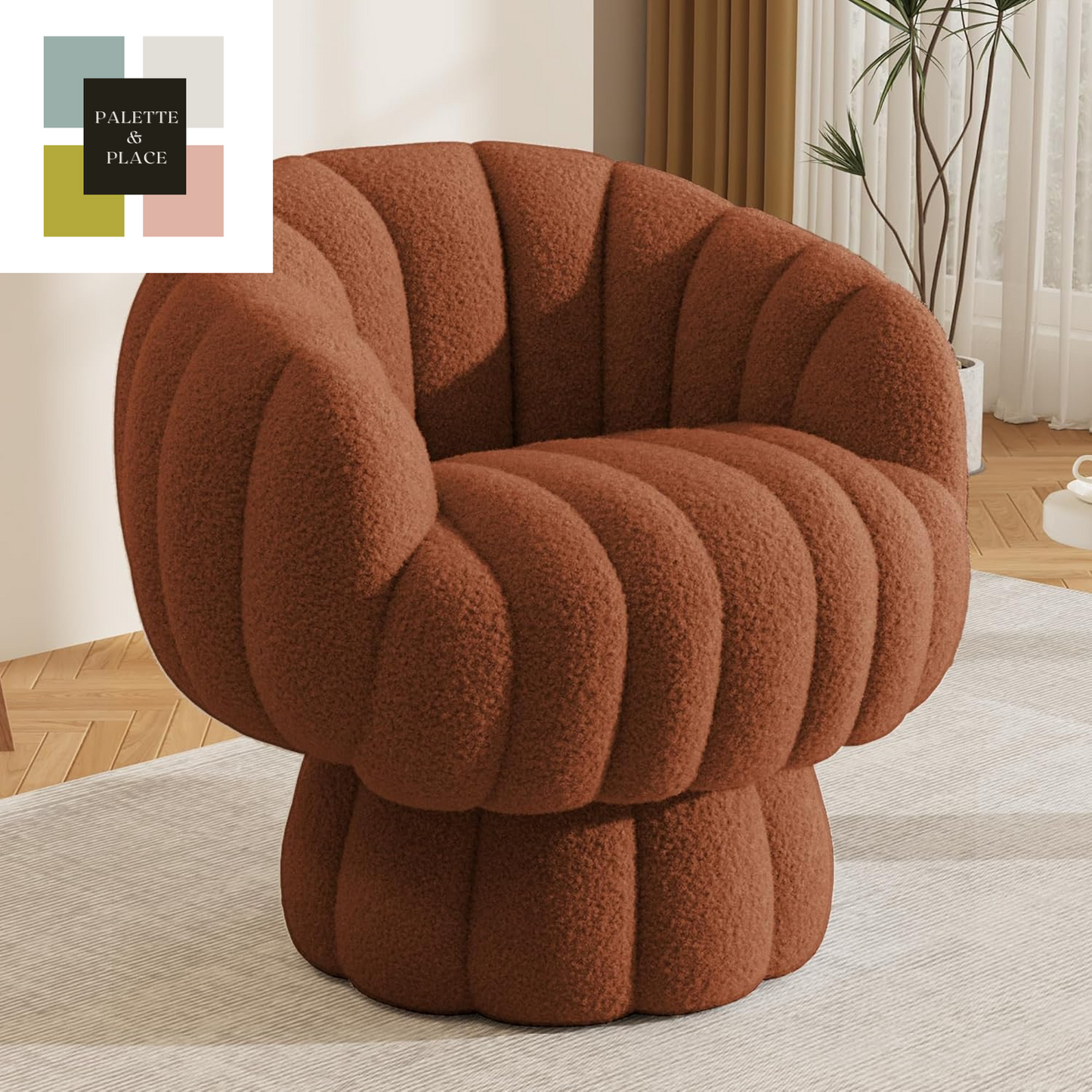 Mid Century Modern 360 Degree Barrel Swivel Accent Sofa Chair,Fluffy Velvet Fabric Lounge Wide Upholstered Pumpkin Reading Chair, round Cloud Armchair for Living Room,Bedroom,Vanity(Beige)