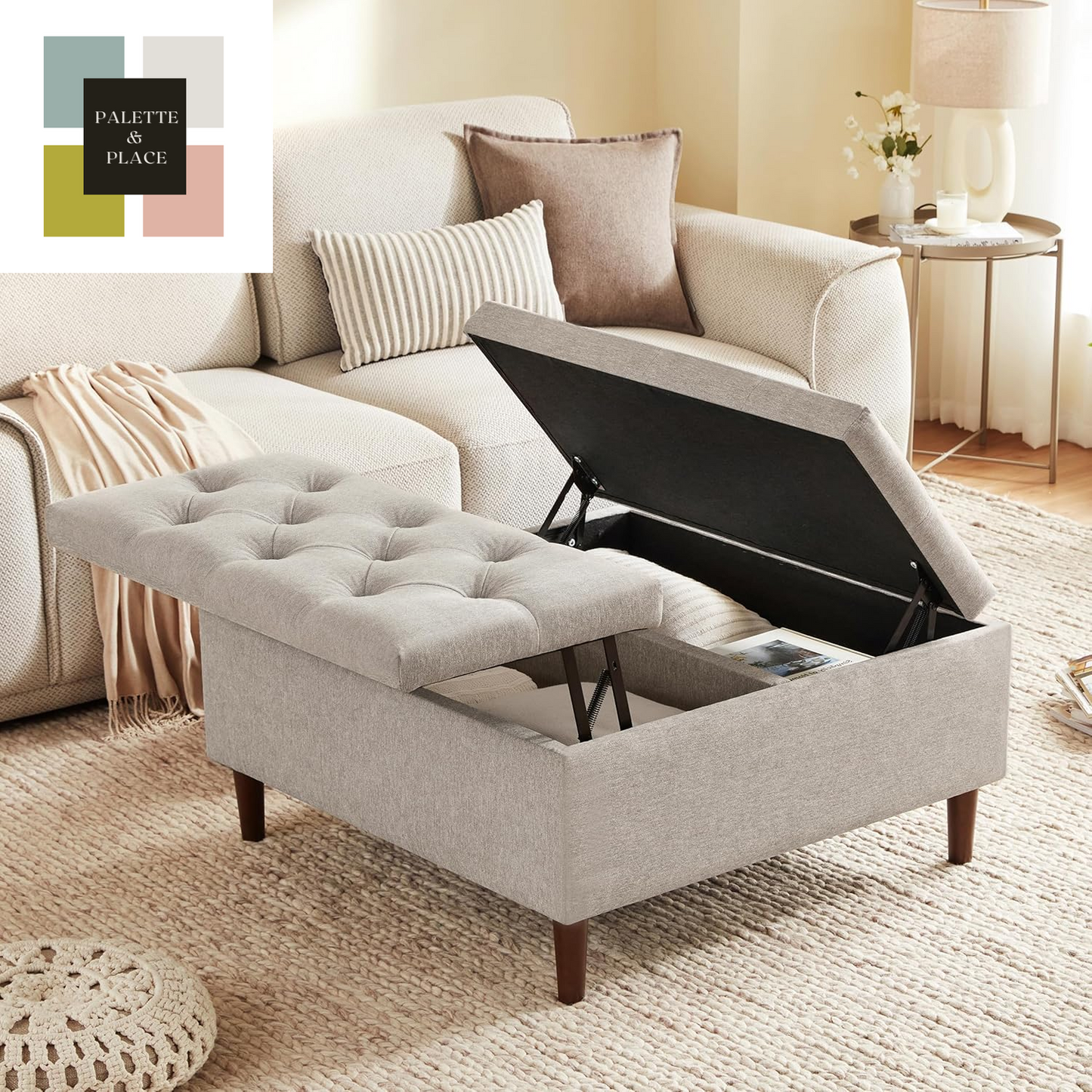35 Inch Extra Large Storage Ottoman Coffee Table, No Assembly Required, Oversized Square Ottoman with Storage, Tufted Upholstered Ottomans Coffee Table for Living Room (Fabric, Dark Grey)