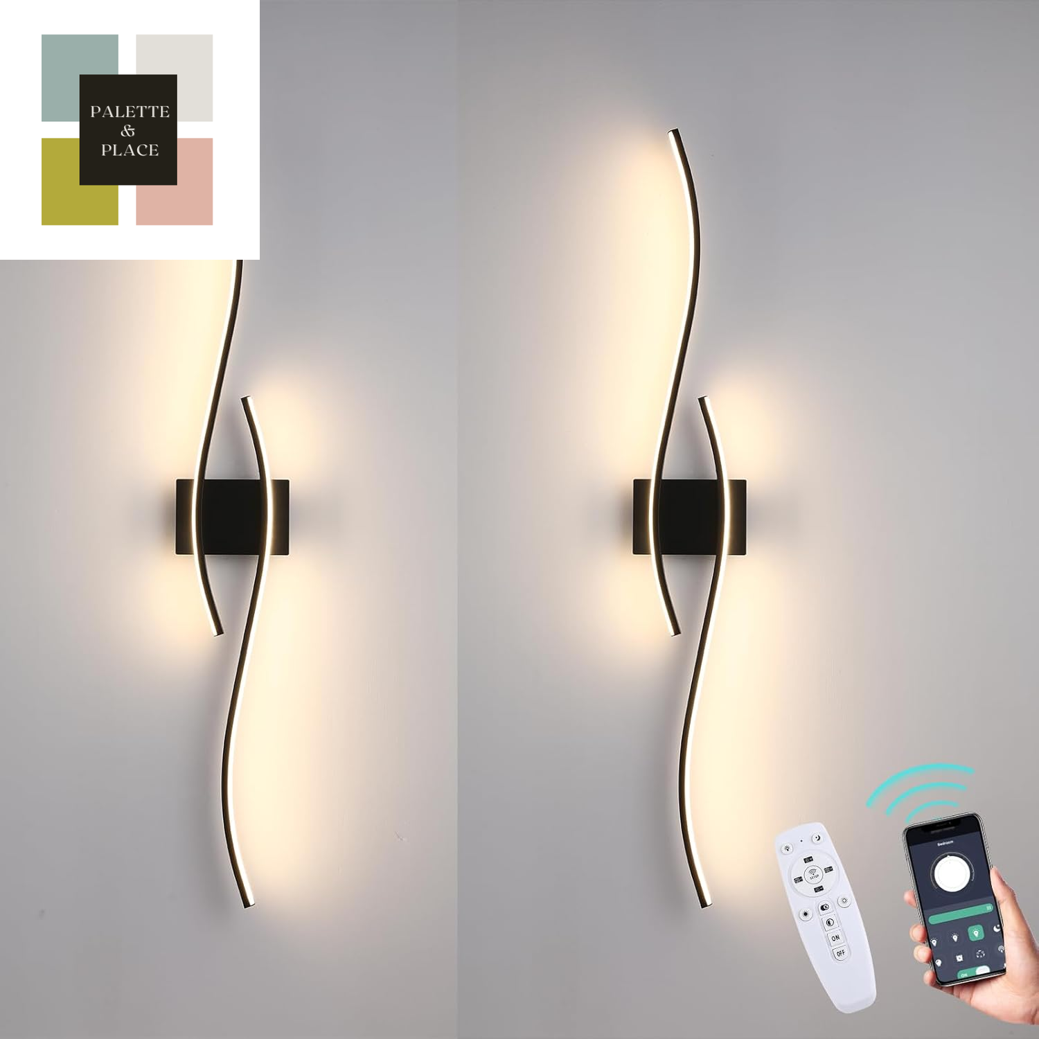 2 Pack Black Wave Wall Sconce 39.37In Modern Led Wall Lamps Bathroom Vanity Lights Lighting Fixtures over Mirror with App Smart Dimmable Light Bar for Bedroom Bedside Living Room Picture Lights