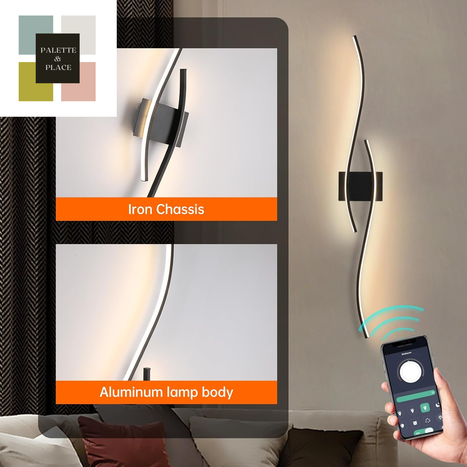 2 Pack Black Wave Wall Sconce 39.37In Modern Led Wall Lamps Bathroom Vanity Lights Lighting Fixtures over Mirror with App Smart Dimmable Light Bar for Bedroom Bedside Living Room Picture Lights