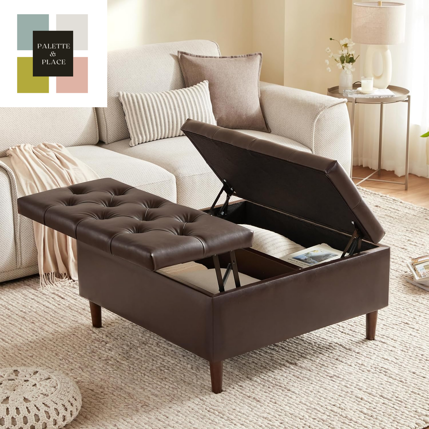 35 Inch Extra Large Storage Ottoman Coffee Table, No Assembly Required, Oversized Square Ottoman with Storage, Tufted Upholstered Ottomans Coffee Table for Living Room (Fabric, Dark Grey)
