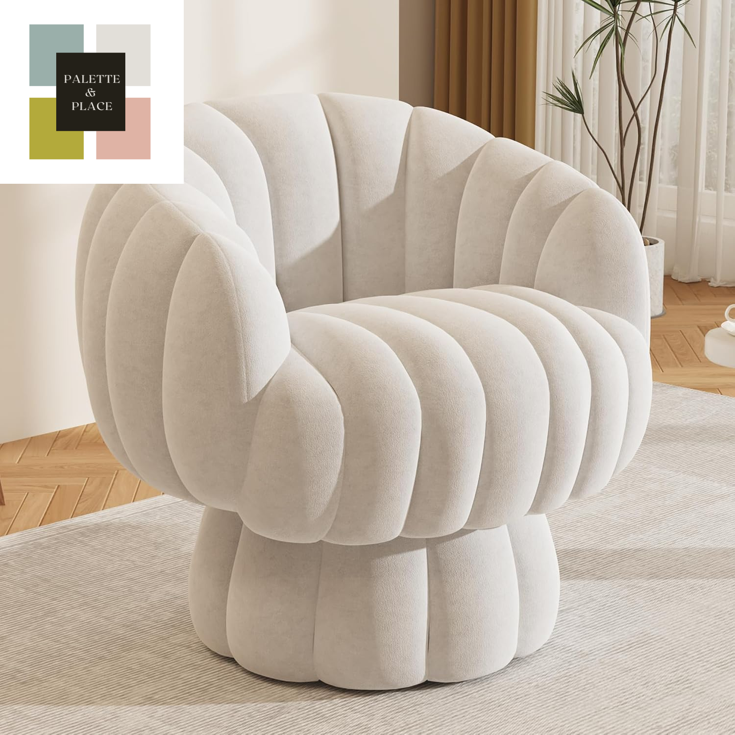 Mid Century Modern 360 Degree Barrel Swivel Accent Sofa Chair,Fluffy Velvet Fabric Lounge Wide Upholstered Pumpkin Reading Chair, round Cloud Armchair for Living Room,Bedroom,Vanity(Beige)