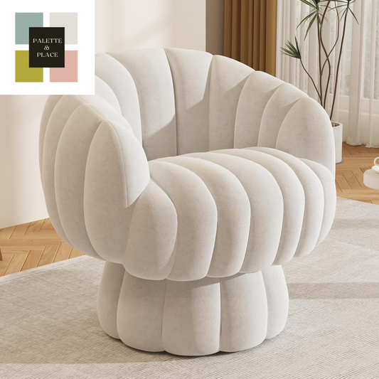 Mid Century Modern 360 Degree Barrel Swivel Accent Sofa Chair,Fluffy Velvet Fabric Lounge Wide Upholstered Pumpkin Reading Chair, round Cloud Armchair for Living Room,Bedroom,Vanity(Beige)