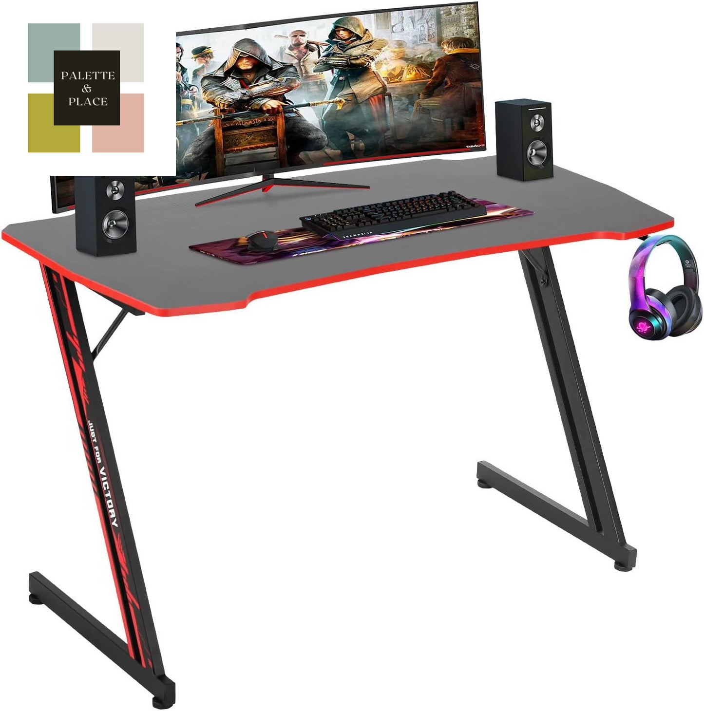 Bestoffice 39" Gmaing Desk Computer Gaming Desk Z Shaped Gaming Workstation Ergonomic Gaming Table with Headphone Hook for Game Players (Red)