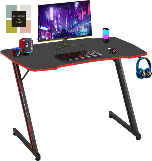 Bestoffice 39" Gmaing Desk Computer Gaming Desk Z Shaped Gaming Workstation Ergonomic Gaming Table with Headphone Hook for Game Players (Red)